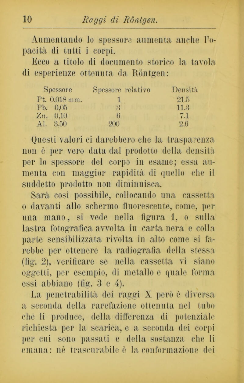 Aumentando lo spessore aumenta anche l’o- pacità di tutti i corpi. Ecco a titolo di documento storico la tavola di esperienze ottenuta da Rontgen: Spessore Spessore relativo Densità Pt. 0,018 min. 1 21.5 Pb. 0,05 8 11.3 Zn. 0,10 G 7.1 Al. 3.50 200 2,0 Questi valori ci darebbero che la trasparenza non c per vero data dal prodotto della densità per lo spessore del corpo in esame; essa au- menta con maggior rapidità di quello che il suddetto prodotto non diminuisca. Sarà così possibile, collocando una cassetta o davanti allo schermo lluorescente, come, per una mano, si vede nella figura 1, o sulla lastra fotografica avvolta in carta nera e colla parte sensibilizzata rivolta in alto come si fa- rebbe per ottenere la radiografìa della stessa (fig. 2), verificare se nella cassetta vi siano oggetti, per esempio, di metallo e quale forma essi abbiano (fìg. 3 e 4). La penetrabilità dei raggi X però è diversa a seconda della rarefazione ottenuta nel tubo che li produce, della differenza di potenziale richiesta per la scarica, e a seconda dei corpi per cui sono passati e della sostanza che li emana: nè trascurabile è la conformazione dei