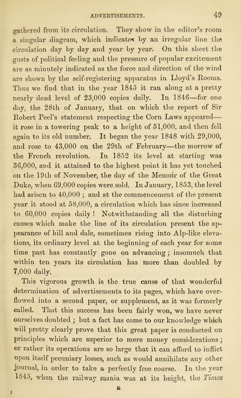 gathered from its circulation. They show in the editor’s room a singular diagram, which indicate* by an irregular line the circulation day by day and year by year. On this sheet the gusts of political feeling and the pressure of popular excitement are as minutely indicated as the force and direction of the wind are shown by the self-registering apparatus in Lloyd’s Looms. Thus we find that in the year 1845 it ran along at a pretty nearly dead level of 23,000 copies daily. In 1846—for one day, the 28th of January, that on which the report of Sir Lobert Peel’s statement respecting the Corn Laws appeared— it rose in a towering peak to a height of 51,000, and then fell again to its old number. It began the year 1848 with 29,000, and rose to 43,000 on the 29th of February—the morrow of the French revolution. In 1852 its level at starting was 36,000, and it attained to the highest point it has yet touched on the 19th of November, the day of the Memoir of the Great Duke, when 69,000 copies were sold. In January, 1853, the level had arisen to 40,000 ; and at the commencement of the present year it stood at 58,000, a circulation which has since increased to 60,000 copies daily ! Notwithstanding all the disturbing causes which make the line of its circulation present the ap- pearance of hill and dale, sometimes rising into Alp-like eleva- tions, its ordinary level at the beginning of each year for some time past has constantly gone on advancing ; insomuch that within ten years its circulation has more than doubled by 7,000 daily. This vigorous growth is the true cause of that wonderful determination of advertisements to its pages, which have over- flowed into a second paper, or supplement, as it was formerly called. That this success has been fairly won, we have never ourselves doubted ; but a fact has come to our knowledge which will pretty clearly prove that this great paper is conducted on principles which are superior to mere money considerations; or rather its operations are so large that it can afford to inflict upon itself pecuniary losses, such as would annihilate any other journal, in order to take a perfectly free course. In the year 1845, when the railway mania was at its height, the Times