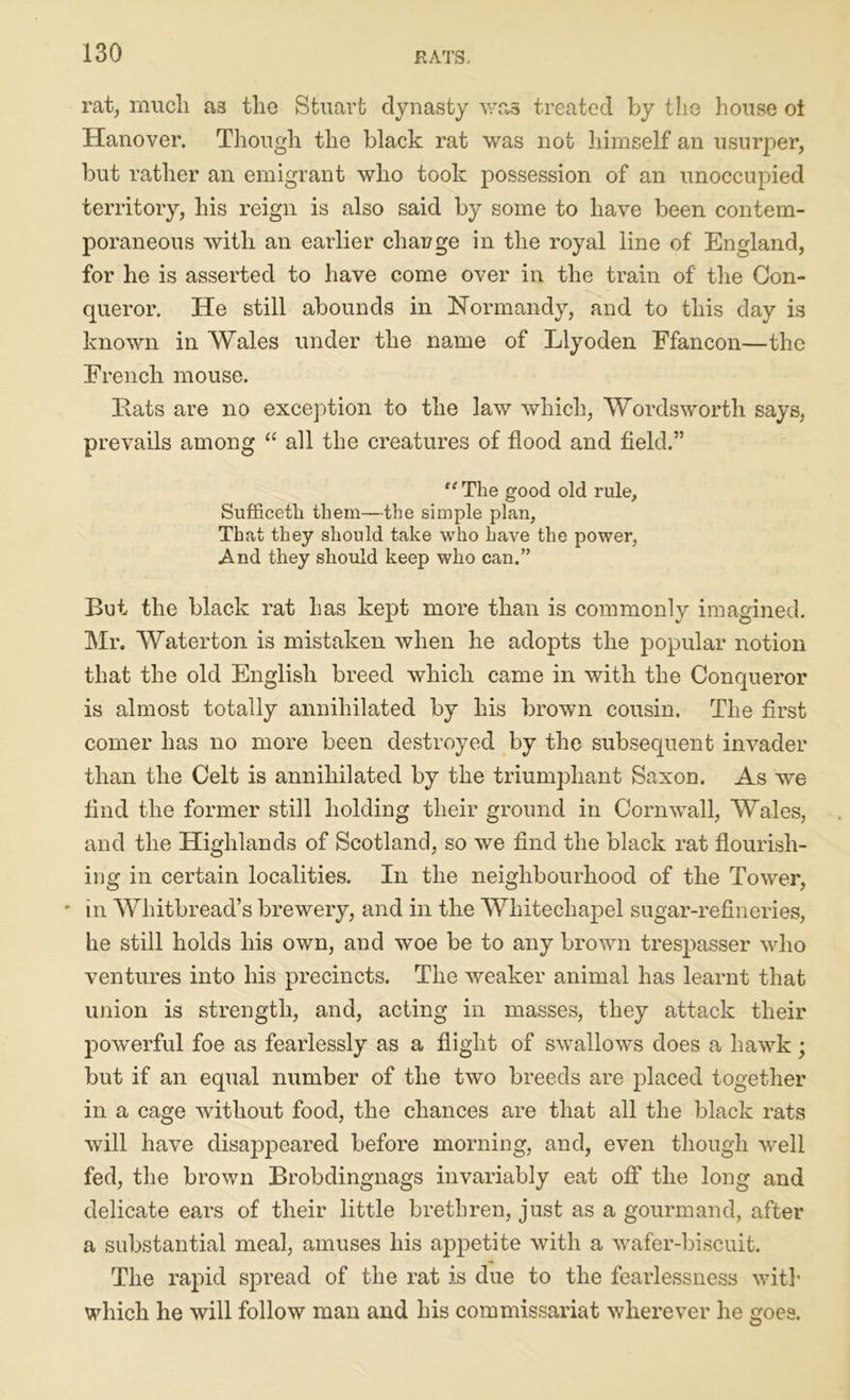 rat, much as the Stuart dynasty was treated by the house ol Hanover. Though the black rat was not himself an usurper, but rather an emigrant who took possession of an unoccupied territory, his reign is also said by some to have been contem- poraneous with an earlier charge in the royal line of England, for he is asserted to have come over in the train of the Con- queror. He still abounds in Normandy, and to this day is known in Wales under the name of Llyoden Efancon—the French mouse. Rats are no exception to the law which, Wordsworth says, prevails among “ all the creatures of flood and field.” te The good old rule, Sufficetli them—the simple plan. That they should take who have the power, And they should keep who can.” Bet the black rat has kept more than is commonly imagined. Mr. Waterton is mistaken when he adopts the popular notion that the old English breed which came in with the Conqueror is almost totally annihilated by his brown cousin. The first comer has no more been destroyed by the subsequent invader than the Celt is annihilated by the triumphant Saxon. As we find the former still holding their ground in Cornwall, Wales, and the Highlands of Scotland, so we find the black rat flourish- ing in certain localities. In the neighbourhood of the Tower, - in Whitbread’s brewery, and in the Whitechapel sugar-refineries, he still holds his own, and woe be to any brown trespasser who ventures into his precincts. The weaker animal has learnt that union is strength, and, acting in masses, they attack their powerful foe as fearlessly as a flight of swallows does a hawk; but if an equal number of the two breeds are placed together in a cage without food, the chances are that all the black rats will have disappeared before morning, and, even though well fed, the brown Brobdingnags invariably eat off the long and delicate ears of their little brethren, just as a gourmand, after a substantial meal, amuses his appetite with a wafer-biscuit. The rapid spread of the rat is due to the fearlessness with which he will follow man and his commissariat wherever he goes.