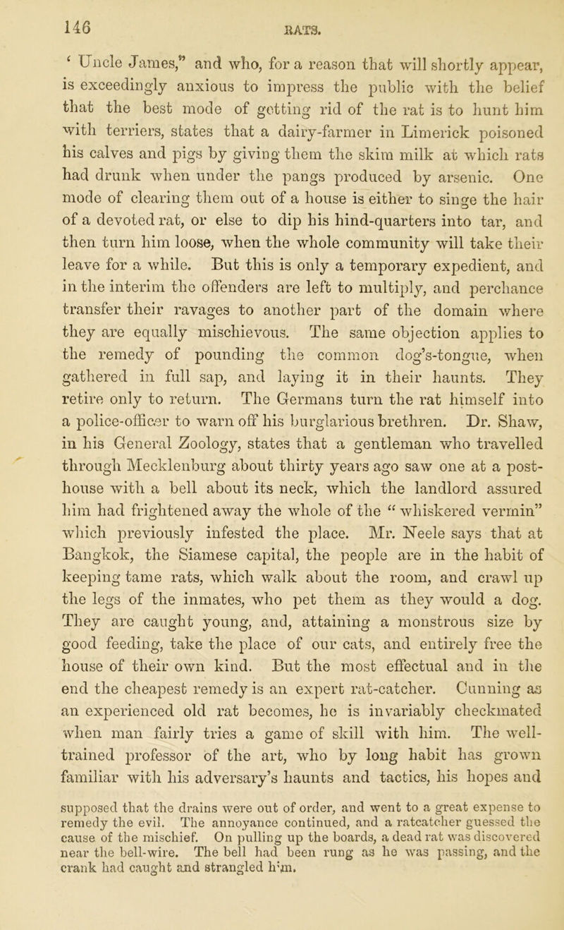 ‘ Uncle James/’ and who, fora reason that will shortly appear, is exceedingly anxious to impress the public with the belief that the best mode of getting rid of the rat is to hunt him with terriers, states that a dairy-farmer in Limerick poisoned his calves and pigs by giving them the skim milk at which rats had drunk when under the pangs produced by arsenic. One mode of clearing them out of a house is either to singe the hair of a devoted rat, or else to dip his hind-quarters into tar, and then turn him loose, when the whole community will take their leave for a while. But this is only a temporary expedient, and in the interim the offenders are left to multiply, and perchance transfer their ravages to another part of the domain where they are equally mischievous. The same objection applies to the remedy of pounding the common dog’s-tongue, when gathered in full sap, and laying it in their haunts. They retire only to return. The Germans turn the rat himself into a police-officer to warn off his burglarious brethren. Dr. Shaw, in his General Zoology, states that a gentleman who travelled through Mecklenburg about thirty years ago saw one at a post- house with a bell about its neck, which the landlord assured him had frightened away the whole of the “ whiskered vermin” which previously infested the place. Mr. Neele says that at Bangkok, the Siamese capital, the people are in the habit of keeping tame rats, which walk about the room, and crawl up the legs of the inmates, who pet them as they would a dog. They are caught young, and, attaining a monstrous size by good feeding, take the place of our cats, and entirely free the house of their own kind. But the most effectual and in the end the cheapest remedy is an expert rat-catcher. Cunning as an experienced old rat becomes, he is invariably checkmated when man fairly tries a game of skill with him. The well- trained professor of the art, who by long habit has grown familiar with his adversary’s haunts and tactics, his hopes and supposed that the drains were out of order, and went to a great expense to remedy the evil. The annoyance continued, and a ratcatcher guessed the cause of the mischief. On pulling up the boards, a dead rat was discovered near the bell-wire. The bell had been rung as he was passing, and the crank had caught and strangled h'm.
