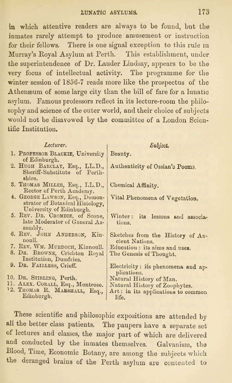 in which attentive readers are always to be found, but the inmates rarely attempt to produce amusement or instruction for their fellows. There is one signal exception to this rule m Murray’s Koyal Asylum at Perth. This establishment, under the superintendence of Dr. Lauder Lindsay, appears to be the very focus of intellectual activity. The programme for the winter session of 1856-7 reads more like the prospectus of the Athenaeum of some large city than the bill of fare for a lunatic asylum. Famous professors reflect in its lecture-room the philo- sophy and science of the outer world, and their choice of subjects would not be disavowed by the committee of a London Scien- tific Institution. Lecturer. 1. Professor Blackie, University of Edinburgh. 2. Hugh Barclay, Esq., LL.D., Sheriff-Substitute of Perth- shire. 8. Thomas Miller, Esq., LL.D., Lector of Perth Academy. 4. George Lawson, Esq., Demon- strator of Botanical Histology, University of Edinburgh. 5. Lev. Dr. Crombie, of Scone, late Moderator of General As- sembly. 6. Lev. John Anderson, Kin- noull. 7. Lev. Wm. Murdoch, Kinnoull. 8. Dr. Browne, Crichton Loyal Institution, Dumfries. 9. Dr. Eairless, Crieff. 10. Dr. Stirling, Perth. 11, Alex. Corall, Esq., Montrose. ’2. Thomas L. Marshall, Esq., Edinburgh. Subject. Beauty. Authenticity of Ossian’a Poems. Chemical Affinity. Vital Phenomena of Vegetation. Winter: its lessons and associa- tions. Sketches from the History of An- cient Nations. Education : its aims and uses. The Genesis of Thought. Electricity : its phenomena and ap- plications. Natural History of Man. Natural History of Zoophytes. Art: in its applications to common life. These scientific and philosophic expositions are attended by all the better class patients. The paupers have a separate set of lectuies and classes, the major part of which are delivered and conducted by the inmates themselves. Galvanism, tho Blood, Time, Economic Botany, are among the subjects which the deranged brains of the Perth asylum are contented to