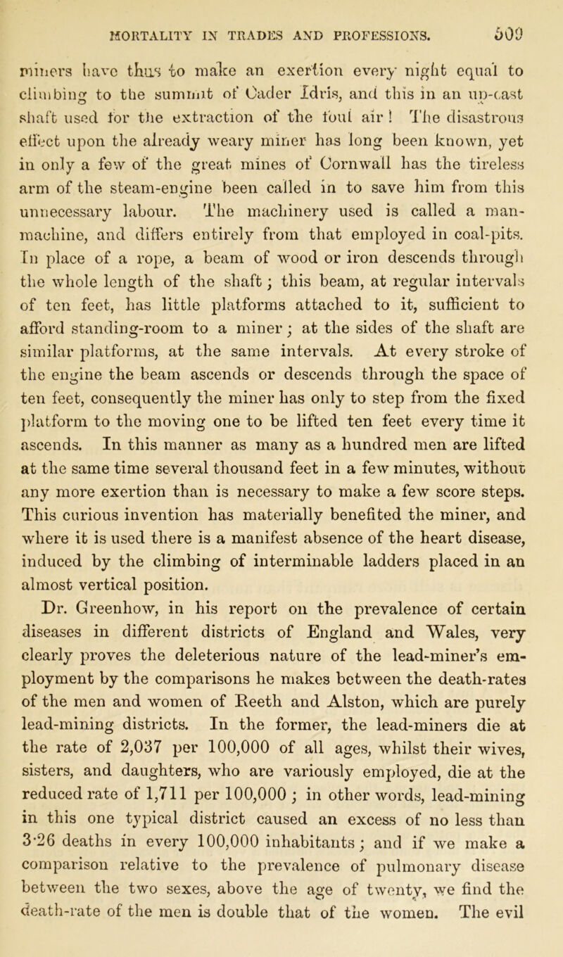 miiiers have thus to make an exertion every night equal to dim bin to t tie summit ol’ Oader Idris, and this in an un-cast shaft used tor the extraction of the lend air ! The disastrous effect upon the already weary miner has long been known, yet in only a few of the great mines of Cornwall has the tireless arm of the steam-engine been called in to save him from this unnecessary labour. The machinery used is called a man- machine, and differs entirely from that employed in coal-pits. In place of a rope, a beam of wood or iron descends through the whole length of the shaft; this beam, at regular intervals of ten feet, has little platforms attached to it, sufficient to afford standing-room to a miner; at the sides of the shaft are similar platforms, at the same intervals. At every stroke of the engine the beam ascends or descends through the space of ten feet, consequently the miner has only to step from the fixed platform to the moving one to be lifted ten feet every time it ascends. In this manner as many as a hundred men are lifted at the same time several thousand feet in a few minutes, without any more exertion than is necessary to make a few score steps. This curious invention has materially benefited the miner, and where it is used there is a manifest absence of the heart disease, induced by the climbing of interminable ladders placed in an almost vertical position. Dr. Greenhow, in his report on the prevalence of certain diseases in different districts of England and Wales, very clearly proves the deleterious nature of the lead-miner’s em- ployment by the comparisons he makes between the death-rates of the men and women of Reetli and Alston, which are purely lead-mining districts. In the former, the lead-miners die at the rate of 2,037 per 100,000 of all ages, whilst their wives, sisters, and daughters, who are variously employed, die at the reduced rate of 1,711 per 100,000 ; in other words, lead-mining in this one typical district caused an excess of no less than 3*26 deaths in every 100,000 inhabitants; and if we make a comparison relative to the prevalence of pulmonary disease between the two sexes, above the age of twenty, we find the death-rate of the men is double that of the women. The evil