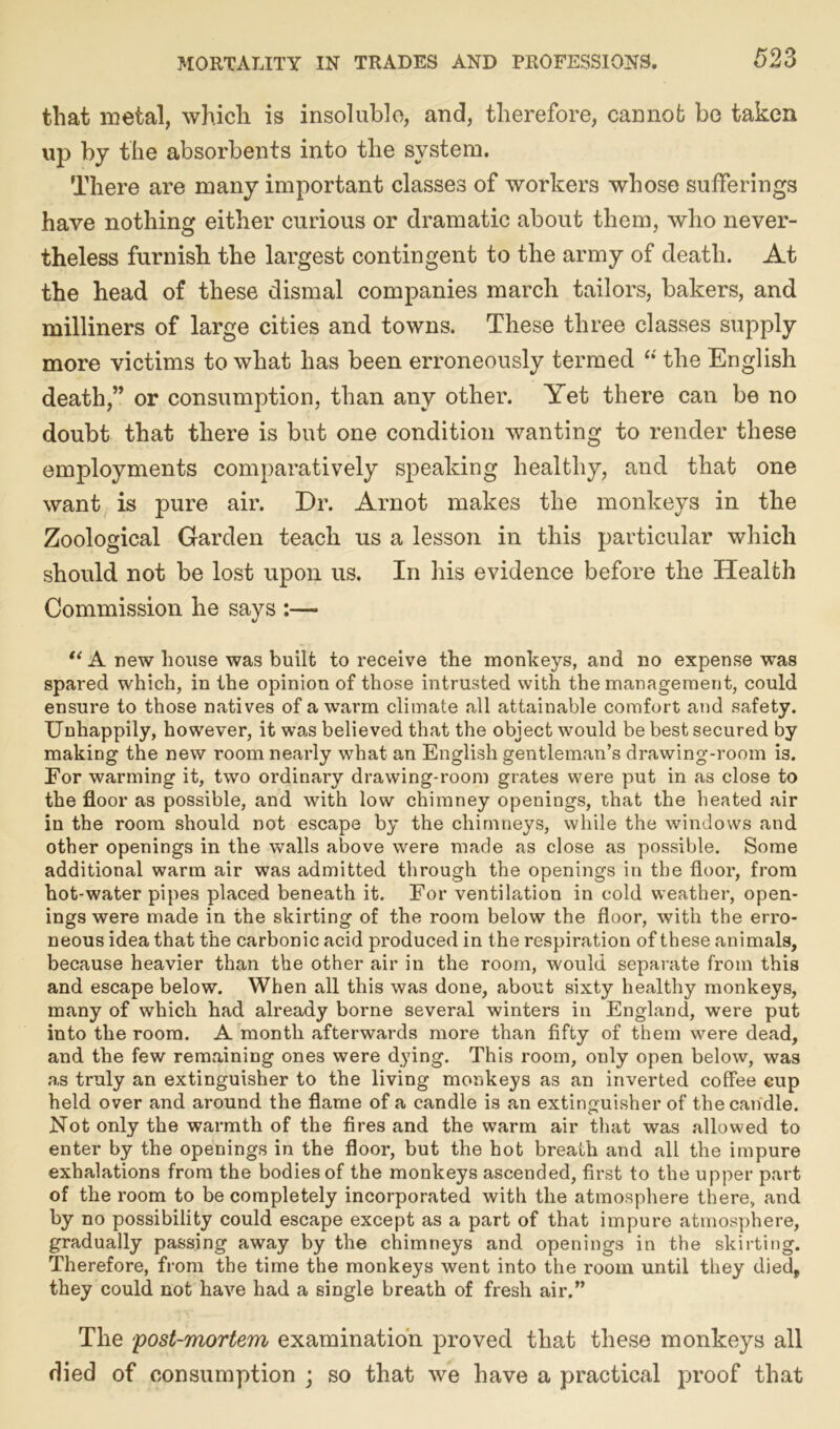 that metal, which is insolublo, and, therefore, cannot be taken up by the absorbents into the system. There are many important classes of workers whose sufferings have nothing either curious or dramatic about them, who never- theless furnish the largest contingent to the army of death. At the head of these dismal companies march tailors, bakers, and milliners of large cities and towns. These three classes supply more victims to what has been erroneously termed “ the English death,” or consumption, than any other. Yet there can be no doubt that there is but one condition wanting to render these employments comparatively speaking healthy, and that one want is pure air. Dr. Arnot makes the monkeys in the Zoological Garden teach us a lesson in this particular which should not be lost upon us. In his evidence before the Health Commission he says :— “ A new bouse was built to receive the monkeys, and no expense was spared which, in the opinion of those intrusted with the management, could ensure to those natives of a warm climate all attainable comfort and safety. Unhappily, however, it was believed that the object would be best secured by making the new room nearly what an English gentleman’s drawing-room is. Eor warming it, two ordinary drawing-room grates were put in as close to the floor as possible, and with low chimney openings, that the heated air in the room should not escape by the chimneys, while the windows and other openings in the walls above were made as close as possible. Some additional warm air was admitted through the openings in the floor, from hot-water pipes placed beneath it. For ventilation in cold weather, open- ings were made in the skirting of the room below the floor, with the erro- neous idea that the carbonic acid produced in the respiration of these animals, because heavier than the other air in the room, would separate from this and escape below. When all this was done, about sixty healthy monkeys, many of which had already borne several winters in England, were put into the room. A month afterwards more than fifty of them were dead, and the few remaining ones were dying. This room, only open below, was as truly an extinguisher to the living monkeys as an inverted coffee cup held over and around the flame of a candle is an extinguisher of the candle. Not only the warmth of the fires and the warm air that was allowed to enter by the openings in the floor, but the hot breath and all the impure exhalations from the bodies of the monkeys ascended, first to the upper part of the room to be completely incorporated with the atmosphere there, and by no possibility could escape except as a part of that impure atmosphere, gradually passing away by the chimneys and openings in the skirting. Therefore, from the time the monkeys went into the room until they died, they could not have had a single breath of fresh air.” The post-mortem examination proved that these monkeys all died of consumption ; so that we have a practical proof that