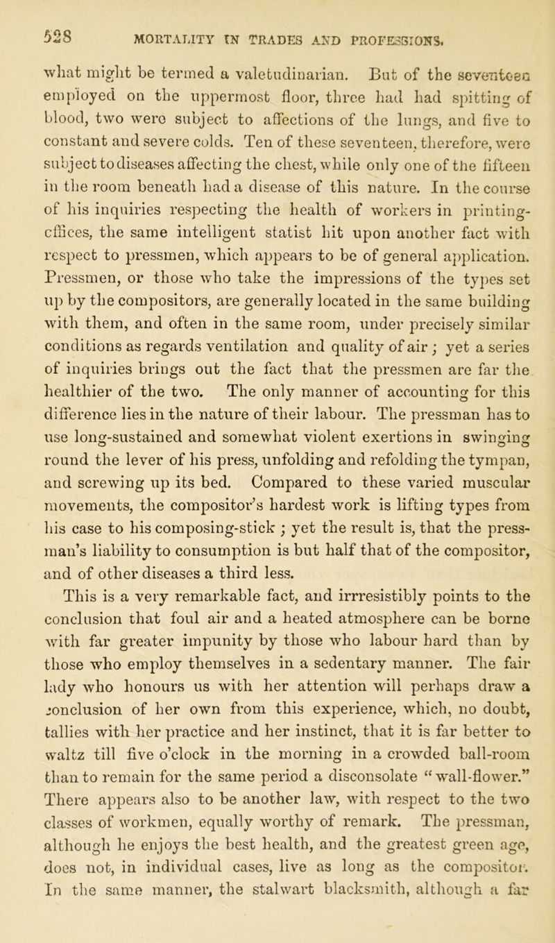what might be termed a valetudinarian. But of the seventeen employed on the uppermost floor, three had had spitting of blood, two were subject to affections of the lungs, and five to constant and severe colds. Ten of these seventeen, therefore, were subject to diseases affecting the chest, while only one of the fifteen in the room beneath had a disease of this nature. In the course of his inquiries respecting the health of workers in printing- cilices, the same intelligent statist hit upon another fact with respect to pressmen, which appears to be of general application. Pressmen, or those who take the impressions of the types set up by the compositors, are generally located in the same building with them, and often in the same room, under precisely similar conditions as regards ventilation and quality of air ; yet a series of inquiries brings out the fact that the pressmen are far the healthier of the two. The only manner of accounting for this difference lies in the nature of their labour. The pressman has to use long-sustained and somewhat violent exertions in swinging O O CD round the lever of his press, unfolding and refolding the tympan, and screwing up its bed. Compared to these varied muscular movements, the compositor’s hardest work is lifting types from his case to his composing-stick ; yet the result is, that the press- man’s liability to consumption is but half that of the compositor, and of other diseases a third less. This is a very remarkable fact, and irrresistibly points to the conclusion that foul air and a heated atmosphere can be borne with far greater impunity by those who labour hard than by those who employ themselves in a sedentary manner. The fair lady who honours us with her attention will perhaps draw a jonclusion of her own from this experience, which, no doubt, tallies with her practice and her instinct, that it is far better to waltz till five o’clock in the morning in a crowded ball-room than to remain for the same period a disconsolate “wall-flower.” There appears also to be another law, with respect to the two classes of workmen, equally worthy of remark. The pressman, although he enjoys the best health, and the greatest green age, does not, in individual cases, live as long as the compositor. In the same manner, the stalwart blacksmith, although a far
