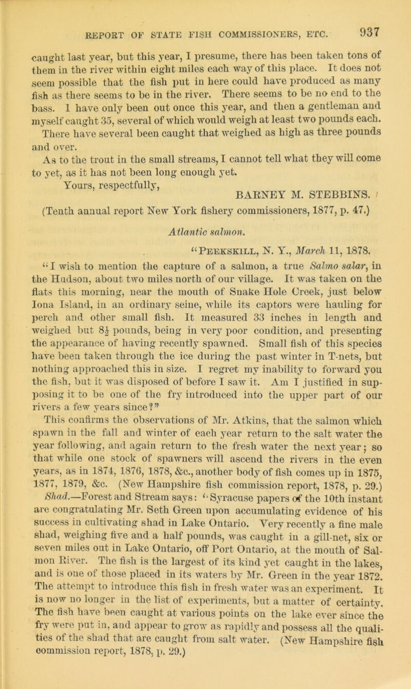 caught last year, but this year, I presume, there has been taken tons of them in the river within eight miles each way of this place. It does not seem possible that the fish put in here could have produced as many fish as there seems to be in the river. There seems to be no end to the bass. I have only been out once this year, and then a gentleman and myself caught 35, several of which would weigh at least two pounds each. There have several been caught that weighed as high as three pounds and over. As to the trout in the small streams, I cannot tell what they will come to yet, as it has not been long enough yet. Yours, respectfully, BARNEY M. STEBBINS. / (Tenth annual report New York fishery commissioners, 1877, p. 47.) Atlantic salmon. “Peekskill, N. Y., March 11, 1878. “ I wish to mention the capture of a salmon, a true Salmo salar, in the Hudson, about two miles north of our village. It was taken on the flats this morning, near the mouth of Snake Hole Creek, just below Iona Island, in an ordinary seine, while its captors were hauling for perch and other small fish. It measured 33 inches in length and weighed but 8£ pounds, being in very poor condition, and presenting the appearance of having recently spawned. Small fish of this species have been taken through the ice during the past winter in T-nets, but nothing approached this in size. I regret my inability to forward you the fish, but it was disposed of before I saw it. Am I justified in sup- posing it to be one of the fry introduced into the upper part of our rivers a few years sinceV} This confirms the observations of Mr. Atkins, that the salmon which spawn in the fall and winter of each year return to the salt water the year following, and again return to the fresh water the next year; so that while one stock of spawners will ascend the rivers in the even years, as in 1874, 1876, 1878, &c., another body of fish comes up in 1875, 1877, 1879, &c. (New Hampshire fish commission report, 1878, p. 29.) Shad.—Forest and Stream says: <• Syracuse papers of the 10th instant are congratulating Mr. Seth Green upon accumulating evidence of his success in cultivating shad in Lake Ontario. Very recently a fine male shad, weighing five and a half pounds, was caught in a gill-net, six or seven miles out in Lake Ontario, off Port Ontario, at the mouth of Sal- mon River. The fish is the largest of its kind yet caught in the lakes, and is one of those placed in its waters by Mr. Green in the year 1872. The attempt to introduce this fish in fresh water was an experiment. It is now no longer in the list of experiments, but a matter of certainty. The fish have been caught at various points on the lake ever since the fry were put in, and appear to grow as rapidly and possess all the quali- ties of the shad that are caught from salt water. (New Hampshire fish commission report, 1878. p. 29.)