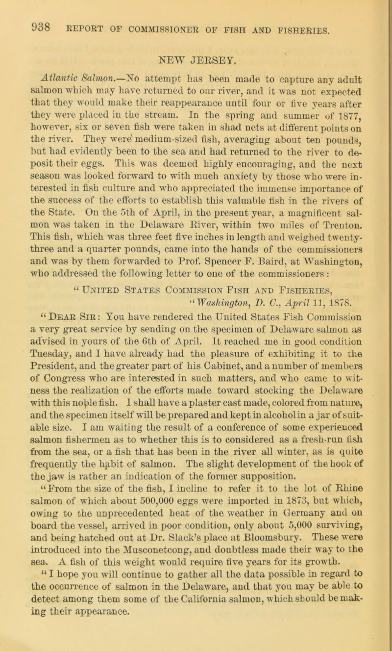 NEW JERSEY. Atlantic Salmon.—No attempt lias been made to capture any adult salmon which may have returned to our river, and it was not expected that they would make their reappearance until four or live years after they were placed in the stream. In the spring and summer of 1877, however, six or seven fish were taken in shad nets at different points on the river. They were medium-sized fish, averaging about ten pounds, but had evidently been to the sea and had returned to the river to de- posit their eggs. This was deemed highly encouraging, and the next season was looked forward to with much anxiety by those who were in- terested in fish culture and who appreciated the immense importance of the success of the efforts to establish this valuable fish in the rivers of the State. On the 5th of April, in the present year, a magnificent sal- mon was taken in the Delaware River, within two miles of Trenton. This fish, which was three feet five inches in length and weighed twenty- three and a quarter pounds, came into the hands of the commissioners and was by them forwarded to Prof. Spencer F. Baird, at Washington, who addressed the following letter to one of the commissioners: u United States Commission Fish and Fisheries, uWashington, Z). C., April 11, 1878. ‘‘Dear Sir: You have rendered the United States Fish Commission a very great service by sending on the specimen of Delaware salmon as advised in yours of the 6th of April. It reached me in good condition Tuesday, and I have already had the pleasure of exhibiting it to the President, and the greater part of his Cabinet, and a number of members of Congress who are interested in such matters, and who came to wit- ness the realization of the efforts made toward stocking the Delaware with this no})le fish. I shall have a plaster cast made, colored from nature, and the specimen itself will be prepared and kept in alcohol in a jar of suit- able size. I am waiting the result of a conference of some experienced salmon fishermen as to whether this is to considered as a fresh-run fish from the sea, or a fish that has been in the river all winter, as is quite frequently the hphit of salmon. The slight development of the hook of the jaw is rather an indication of the former supposition. “From the size of the fish, I incline to refer it to the lot of Rhine salmon of which about 500,000 eggs were imported in 1873, but which, owing to the unprecedented heat of the weather in Germany and on board the vessel, arrived in poor condition, only about 5,000 surviving, and being hatched out at Dr. Slack’s place at Bloomsbury. These were introduced into the Musconetcong, and doubtless made their way to the sea. A fish of this weight would require five years for its growth. u I hope you will continue to gather all the data possible in regard to the occurrence of salmon in the Delaware, and that you may be able to detect among them some of the Californiasalmon, which should bemak- ing their appearance.