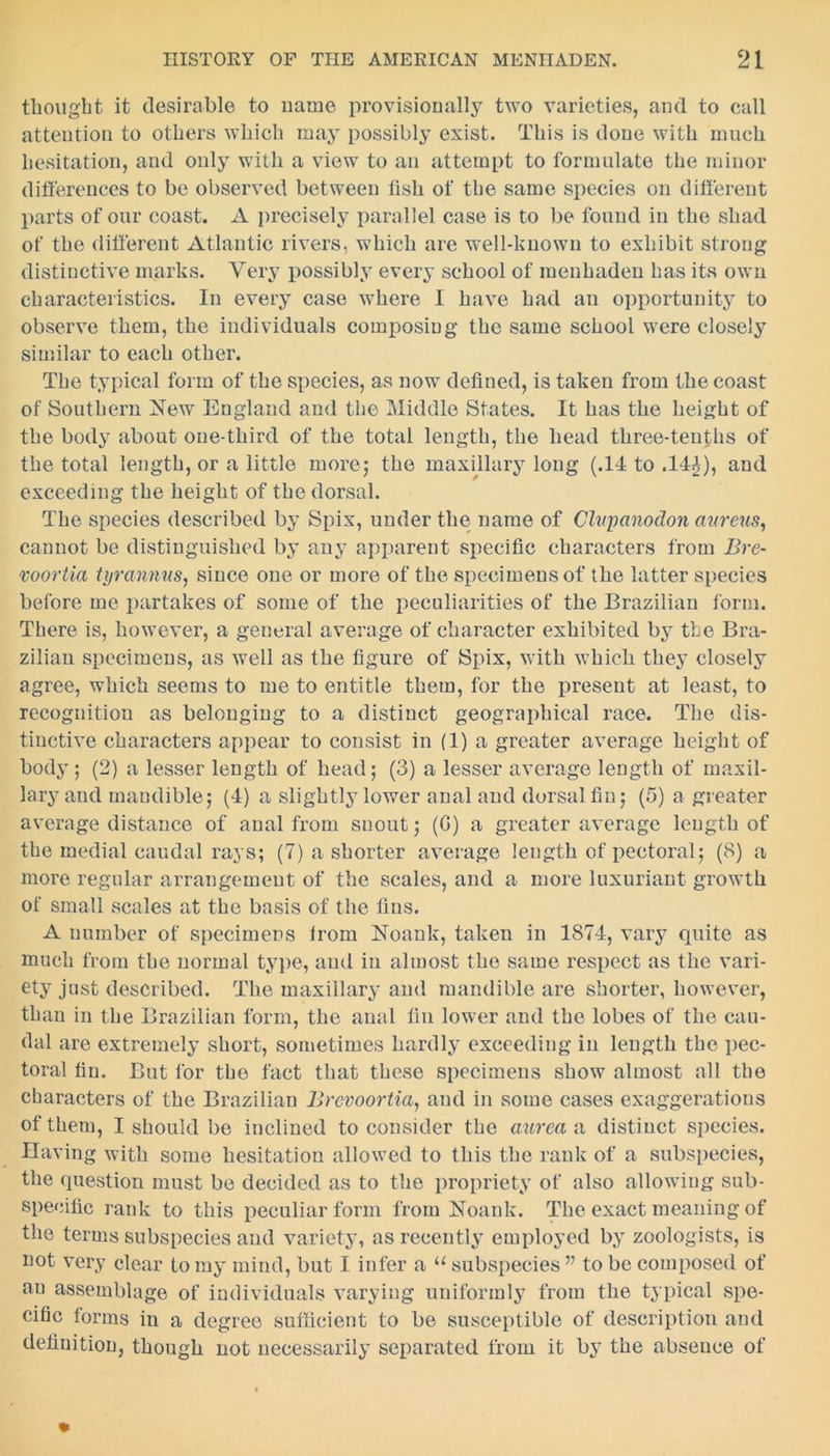 thought it desirable to name provisionally two varieties, and to call attention to others which may possibly exist. This is done with much hesitation, and only with a view to an attempt to formulate the minor differences to be observed between fish of the same species on different parts of our coast. A precisely parallel case is to be found in the shad of the different Atlantic rivers, which are well-known to exhibit strong distinctive marks. Very possibly every school of menhaden has its own characteristics. In every case where I have had an opportunity to observe them, the individuals composing the same school were closely similar to each other. The typical form of the species, as now defined, is taken from the coast of Southern New England and the Middle States. It has the height of the body about one-third of the total length, the head three-tenths of the total length, or a little more; the maxillary long (.14 to .14A), and exceeding the height of the dorsal. The species described by Spix, under the name of Clvpanodon aureus, cannot be distinguished by any apparent specific characters from Bre- voortia tyrannies, since one or more of the specimens of the latter species before me partakes of some of the peculiarities of the Brazilian form. There is, however, a general average of character exhibited by the Bra- zilian specimens, as well as the figure of Spix, with which they closely agree, which seems to me to entitle them, for the present at least, to recognition as belonging to a distinct geographical race. The dis- tinctive characters appear to consist in (1) a greater average height of body; (2) a lesser length of head; (3) a lesser average length of maxil- lary and mandible; (4) a slightly lower anal and dorsal fin; (5) a greater average distance of anal from snout; (G) a greater average length of the medial caudal rays; (7) a shorter average length of pectoral; (8) a more regular arrangement of the scales, and a more luxuriant growth of small scales at the basis of the fins. A number of specimens iroin Noank, taken in 1874, vary quite as much from the normal type, and in almost the same respect as the vari- ety just described. The maxillary and mandible are shorter, however, than in the Brazilian form, the anal fin lower and the lobes of the cau- dal are extremely short, sometimes hardly exceeding in length the pec- toral fin. But for the fact that these specimens show almost all the characters of the Brazilian Brevoortia, and in some cases exaggerations of them, I should be inclined to consider the aurea a distinct species. Having with some hesitation allowed to this the rank of a subspecies, the question must be decided as to the propriety of also allowing sub- specific rank to this peculiar form from Noank. The exact meaning of the terms subspecies and variety, as recently employed by zoologists, is not very clear to my mind, but I infer a u subspecies77 to be composed of an assemblage of individuals varying uniformly from the typical spe- cific forms in a degree sufficient to be susceptible of description and definition, though not necessarily separated from it by the abseuce of