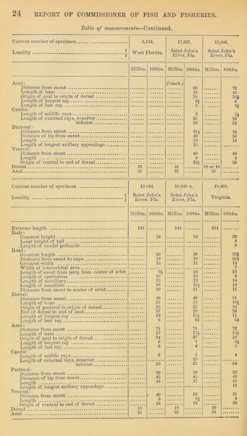 Table of measurements—Continued. Current number of specimen 5,152. West Florida. 17,927. Saint John’s Liver, Fla. 19,046. Saint John’s Liver, Fla. Locality ^ Millim. lOOtbs. Millim. lOOtbs. Millim. lOOtbs. Anal: Distance from snout (7-inch.) G8 1G 72 16 32* G G£ 5* 20 24 Length of base Origin of anal to origin of dorsal 38 Length of longest ray - 6£ 5 Length of last ray .. Caudal: Length of middle rays 5 Length of external rays, superior 21 inferior 23 Pectoral: Distance from snout 3H 49 32 50 18 Distance of tip from snout Length 19 Length of longest axillary appondage 12 Ventral: Distance from snout 49 48 Length 9 9 Origin of ventral to end of dorsal. 331 30 Dorsal ........ 20 21 18 or 19 Anal ... 21 21 21 Current number of specimen 19,014. 18,049 a. 19,468. Locality | Saint John’s Liver, Fla. Saint John’s Liver, Fla. Virginia. Millim. lOOtbs. Millim. lOOtbs. Millim. lOOtbs. 'F.vtrcm p length 192 144 234 Body: height, 34 34 32 T-ofiat hftiflrhfi of tail .................. 9 Length of caudal peduncle 9 Dead: (Trp.nt.ftst, lpTifftih 29 29 32} 20} 12 from snout to nnpo 19 19 12 11 7 Length of snout from perp. from center of orbit H 10 10 10 10 9 13 13 14 If, 1G| 11 18 10 11 Dorsal: XiistnPFFi from rnmit, _ ........ 49 49 51 17 17 18* 34 35 35 27 29 23 12 12J Gi 11 6 5} Anal: 71 71 72 17 17i 37 14* 34 33 G 7 5} G 4 G Caudal: G 5 4 25 23 27 24 Pectoral: 30 30 32 45 45 49 1G 17 18 12 Ventral: . 49 50 51 9 e* 9 34 34 30 19 18 19 23 21 21