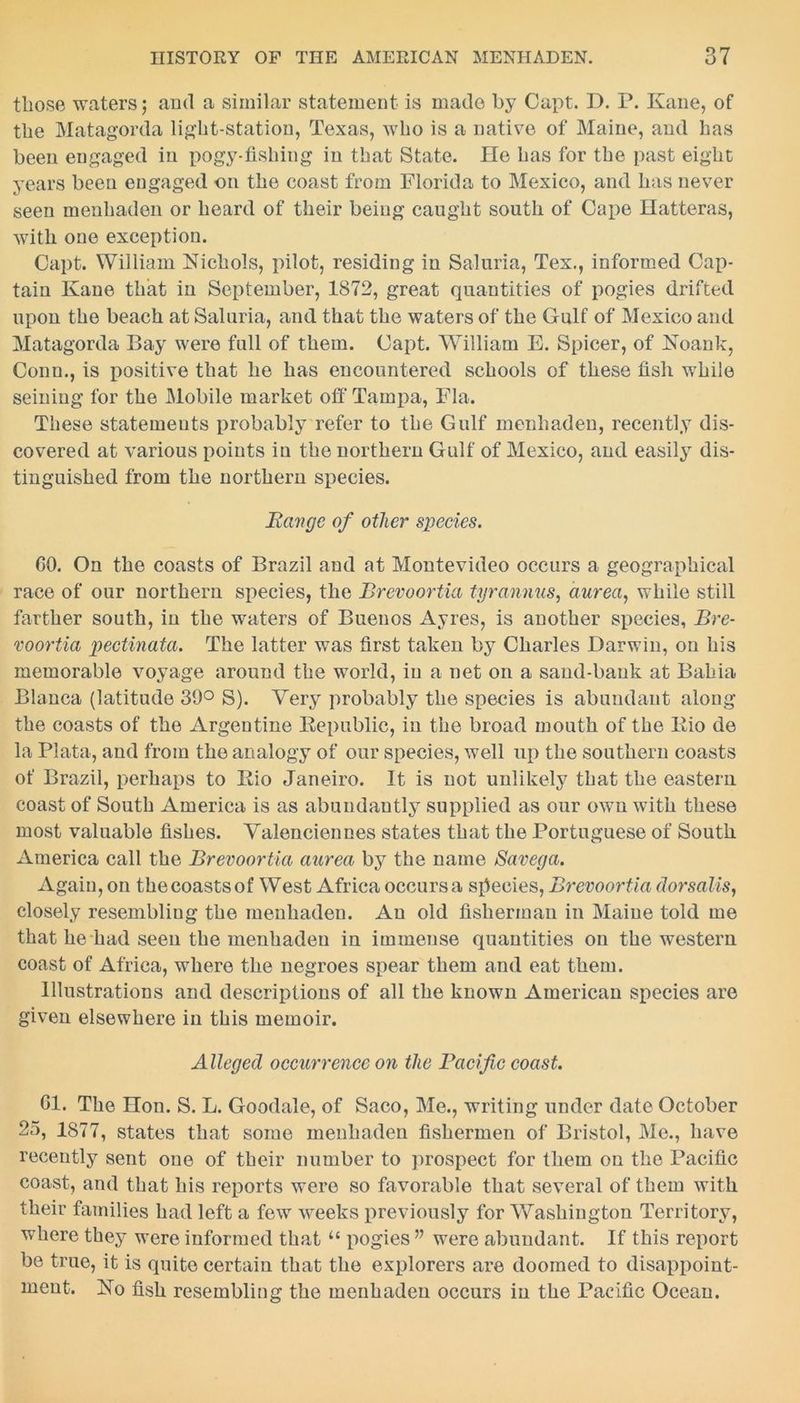 those Wcaters; ami a similar statement is made by Capt. D. P. Kane, of the Matagorda light-station, Texas, who is a native of Maine, and has been engaged in pogy-fishing in that State. He has for the past eight years been engaged on the coast from Florida to Mexico, and has never seen menhaden or heard of their being caught south of Cape Hatteras, with one exception. Capt. William Nichols, pilot, residing in Saluria, Tex., informed Cap- tain Kane that in September, 1872, great quantities of pogies drifted upon the beach at Saluria, and that the waters of the Gulf of Mexico and Matagorda Bay were full of them. Capt. William E. Spicer, of Noank, Conn., is positive that he has encountered schools of these fish while seining for the Mobile market off Tampa, Fla. These statements probably refer to the Gulf menhaden, recently dis- covered at various points iu the northern Gulf of Mexico, and easily dis- tinguished from the northern species. Range of other species. CO. On the coasts of Brazil and at Montevideo occurs a geographical race of our northern species, the Brevoortia tyrannies, aurea, while still farther south, iu the waters of Buenos Ayres, is another species, Bre- voortia pectinata. The latter was first taken by Charles Darwin, on his memorable voyage around the world, iu a net on a sand-bank at Bahia Blanca (latitude 39° S). Very probably the species is abundant along the coasts of the Argentine Bepublic, iu the broad mouth of the Bio de la Plata, and from the analogy of our species, well up the southern coasts of Brazil, perhaps to Bio Janeiro. It is not unlikely that the eastern coast of South America is as abundantly supplied as our own with these most valuable fishes. Valenciennes states that the Portuguese of South America call the Brevoortia aurea by the name Savega. Again, on the coasts of West Africa occurs a species, Brevoortia dorsalis, closely resembliug the menhaden. An old fisherman in Maine told me that he had seen the menhaden in immense quantities on the western coast of Africa, where the negroes spear them and eat them. Illustrations and descriptions of all the known American species are given elsewhere in this memoir. Alleged occurrence on the Pacific coast. Cl. The Hon. S. L. Goodale, of Saco, Me., writing under date October 25, 1877, states that some menhaden fishermen of Bristol, Me., have recently sent one of their number to prospect for them on the Pacific coast, and that his reports were so favorable that several of them with their families had left a few weeks previously for Washington Territory, where they were informed that u pogies v were abundant. If this report be true, it is quite certain that the explorers are doomed to disappoint- ment. No fish resembling the menhaden occurs iu the Pacific Ocean.