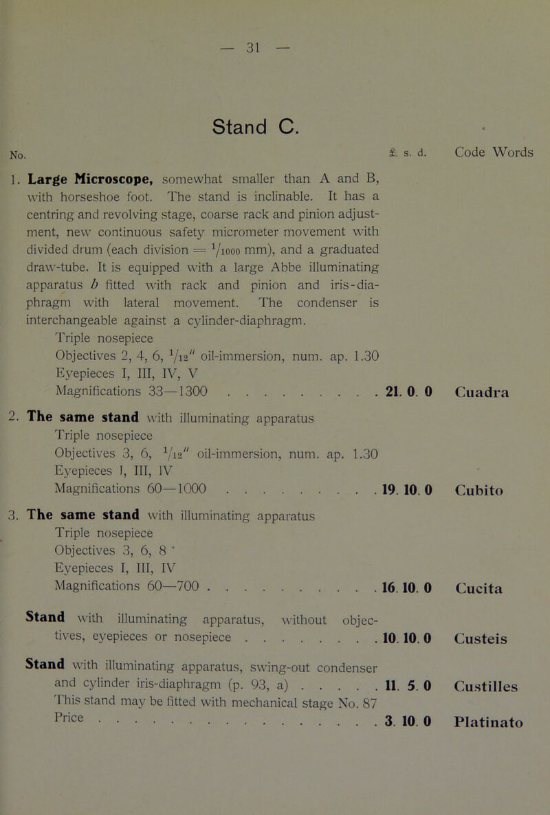 Stand C. No. £• s. d. 1. Large Microscope, somewhat smaller than A and B, with horseshoe foot. The stand is inclinable. It has a centring and revolving stage, coarse rack and pinion adjust- ment, new continuous safety micrometer movement with divided drum (each division = Yiooo mm), and a graduated draw-tube. It is equipped with a large Abbe illuminating apparatus b fitted with rack and pinion and iris-dia- phragm with lateral movement. The condenser is interchangeable against a cylinder-diaphragm. Triple nosepiece Objectives 2, 4, 6, Yi2/; oil-immersion, num. ap. 1.30 Eyepieces I, III, IV, V Magnifications 33—1300 21. 0. 0 2. The same stand with illuminating apparatus Triple nosepiece Objectives 3, 6, 1/iz/l oil-immersion, num. ap. 1.30 Eyepieces I, III, IV Magnifications 60—1000 19. 10. 0 3. The same stand with illuminating apparatus Triple nosepiece Objectives 3, 6, 8 * Eyepieces I, III, IV Magnifications 60—700 16.10. 0 Stand with illuminating apparatus, without objec- tives, eyepieces or nosepiece 10.10. 0 Stand with illuminating apparatus, swing-out condenser and cylinder iris-diaphragm (p. 93, a) 11. 5. 0 This stand may be fitted with mechanical stage No. 87 Price . Code Words Cuadra Cubito Cucita Custeis Custilles