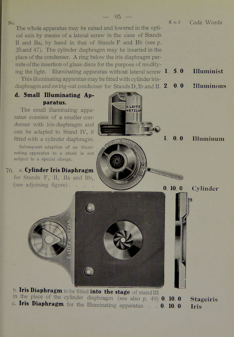 No. The whole apparatus may be raised and lowered in the opti- cal axis by means of a lateral screw in the case of Stands II and Ila, by hand in that of Stands F and lib (see p. 35 and 47). The cylinder diaphragm may be inserted in the place of the condenser. A ring below the iris diaphragm per- mits of the insertion of glass discs for the purpose of modify- ing the light. Illuminating apparatus without lateral screw This illuminating apparatus may be fitted with cylinder iris- diaphragm and swing-out condenser for Stands D, lb and II. d. Small Illuminating Ap- paratus. The small illuminating appa- ratus consists of a smaller con- denser with iris-diaphragm and can be adapted to Stand IV, if fitted with a cylinder diaphragm. Subsequent adaption of an illumi- nating apparatus to a stand is not subject to a special charge. 76. a. Cylinder Iris Diaphragm for Stands F, II, 11a and lib, (see adjoining figure).... £. s. d Code Words 1. 5. 0 Illuminist 2 0 0 Illuminons Illu m ilium Cylinder b. Iris Diaphragm to be fitted into the stage of stand III in the place of the cylinder diaphragm (see also p. 49) 0. 10. 0 Stageiris c. Iris Diaphragm for the Illuminating apparatus . . 0. 10. 0 Iris