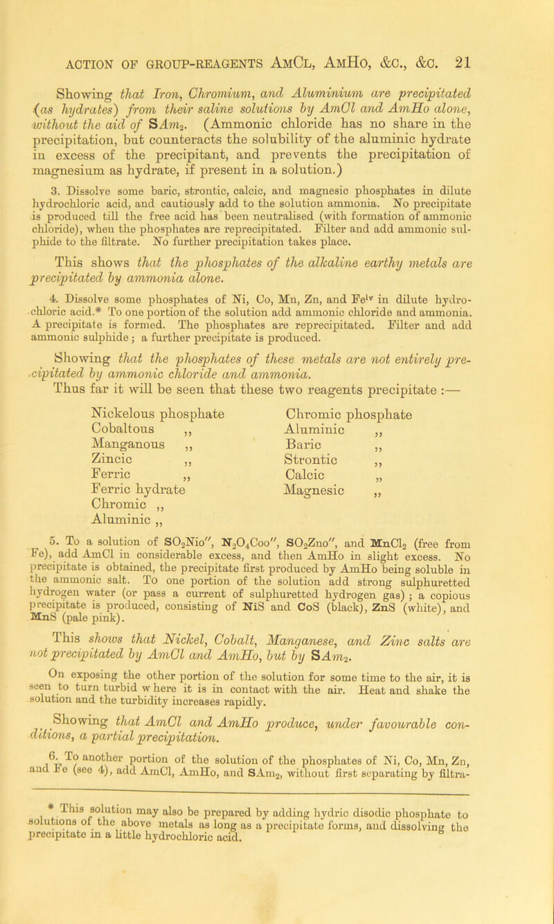 Showing that Iron, Chromium, and Aluminium are precipitated {as hydrates) from their saline solutions hy AmCl and AmHo alone, ivithout the aid of (Ammonic chloride has no share in the precipitation, but counteracts the solubility of the aluminic hydrate in excess of the precipitant, and prevents the precipitation of magnesium as hydrate, if present in a solution.) 3. Dissolve some baric, strontic, calcic, and magnesic phosphates in dilute liydrochloric acid, and cautiously add to the solution ammonia. No precipitate is produced till the free acid has been neutralised (with formation of ammonic chloride), when the phosphates are reprecipitated. Filter and add ammonic sul- phide to the filtrate. No further precipitation takes place. This shows that the phosphates of the alkaline earthy metals are precipitated by ammonia alone. 4. Dissolve some phosphates of Ni, Co, Mn, Zn, and Fe''' in dilute hydro- chloric acid.* To one portion of the solution add ammonic chloride and ammonia. A precipitate is formed. The phosphates are reprecipitated. Filter and add ammonic sulphide; a further precipitate is produced. Showing that the phosphates of these metals are not entirely pre- ■cipitated by ammonic chloride and ammonia. Thus far it will be seen that these two reagents precipitate :— Nickelous phosphate Chromic phosphate Cobaltous „ Aluminic ,, Manganous ,, Baric „ Zincic „ Strontic ,, Ferric „ Calcic „ Ferric hydrate Chromic ,, Aluminic „ Magnesic „ 5. To a solution of S02Nio, N3O4C00, S02Zno, and MnCl2 (free from Fe), add AmCl in considerable excess, and then AmHo in slight excess. No precipitate is obtained, the precipitate first produced by AmHo being soluble in the ammonic salt. To one portion of the solution add strong sulphuretted hydrogen water (or pass a current of sulphuretted hydrogen gas) ; a copious precipitate is produced, consisting of NiS and CoS (black), ZnS (white), and MnS (pale pink). This shows that Nickel, Cobalt, Manganese, and Zinc salts are not precipitated by AmCl and AmHo, but by SAmz. On exposing the other portion of tlie solution for some time to the air, it is seen to turn turbid w here it is in contact with the ah. Heat and shake the solution and the turbidity increases rapidly. Showing that AmCl and AmHo produce, under favourable con- ditions, a partial precipitation. portion of the solution of the phosphates of Ni, Co, Mn, Zn, and fie (see 4), add AmCl, AmHo, and SAni2, without first separating by filtra- This solution may also be prepared solutions of the above metals as long as precipitate in a httle hydrochloric acid. by adding hydric disodic phosphate to a precipitate forms, and dissolving the