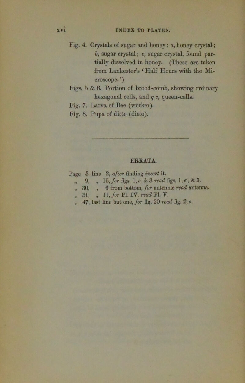 Fig. 4. Crystals of sugar and honey: a, honey crystal-; b, sugar crystal; c, sugar crystal, found par- tially dissolved in honey. (These are taken from Lankester’s ‘ Half Hours with the Mi- croscope. ’) Figs. 6 & 6. Portion of brood-comh, showing ordinary hexagonal cells, and q c, queen-cells. Fig. 7. Larva of Bee (worker). Fig. 8. Pupa of ditto (ditto). ERRATA. Page 3, lino 2, after finding insert it. „ 9, „ 15, for figs. 1, e, & 3 read figs. 1, s', & 3. „ 30, „ 6 from bottom, for antennas read antenna. „ 31, „ 11,/arPl. IV. refla'Pl. V. „ 47, last lino but one, for fig. 20 read fig. 2, o.