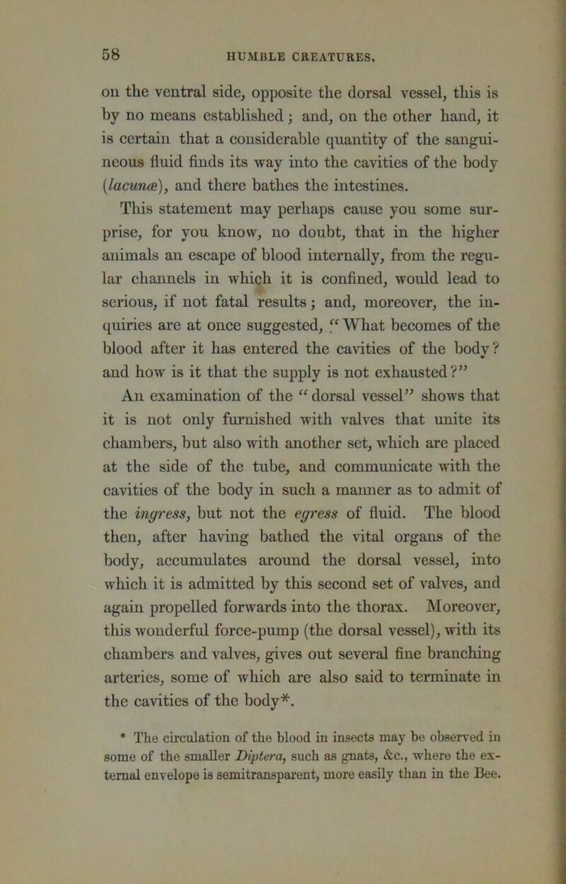 ou the ventral side, opposite the dorsal vessel, this is by no means established; and, on the other hand, it is certain that a considerable quantity of the sangui- neous fluid finds its way into the cavities of the body {lacunce), and there bathes the intestines. This statement may perhaps cause you some sur- prise, for you know, no doubt, that in the higher animals an escape of blood internally, from the regu- lar channels in whiqh it is confined, would lead to serious, if not fatal results; and, moreover, the in- quiries are at once suggested, “ What becomes of the blood after it has entered the cavities of the body? and how is it that the supply is not exhausted?” An examination of the “ dorsal vessel” shows that it is not only furnished with valves that unite its chambers, but also with another set, which are placed at the side of the tube, and communicate with the cavities of the body in such a manner as to admit of the ingress, but not the egress of fluid. The blood then, after having bathed the vital organs of the body, accumulates around the dorsal vessel, into which it is admitted by this second set of valves, and again propelled forwards into the thorax. Moreover, this wonderful force-pump (the dorsal vessel), with its chambers and valves, gives out several fine branching arteries, some of which are also said to terminate in the cavities of the body*. • The circulation of the blood in insects may he observed in some of the smaller Diptera, such as gnats, &c., where the ex- ternal envelope is semitransparent, more easily than in the Bee.