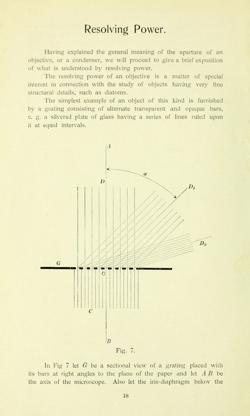 Resolving Power. Having explained the general meaning of the aperture of an objective, or a condenser, we will proceed to give a brief exposition of what is understood by resolving power. d'he resolving power of an objective is a matter of special interest in connection with the study of objects having very fine structural details, such as diatoms. d'he simplest example of an object of this kind is furnished by a grating consisting of alternate transparent and opaque bars, c. g. a silvered plate of glass having a series of lines ruled upon it at equal intervals. n Fig. 7. In Fig 7 let (7 be a sectional view of a grating placed with its bars at right angles to the plane of the paper and let A B be the axis of the microscope. Also let the iris-diaphragm belovv the
