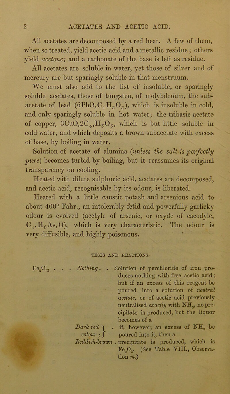 All acetates are decomposed by a red heat. A few of them, when so treated, yield acetic acid and a metallic residue; others yield acetone; and a carbonate of the base is left as residue. All acetates are soluble in water, yet those of silver and of mercury are but sparingly soluble in that menstruum. We must also add to the list of insoluble, or sparingly soluble acetates, those of tungsten, of molybdenum, the sub- acetate of lead (6Pb0,C.]^H3 05), which is insoluble in cold, and only sparingly soluble in hot water; the tribasic acetate of copper, 3CuO,204,11503, which is but little soluble in cold water, and which deposits a brown subacetate with excess of base, by boiling in water. Solution of acetate of alumina (unless the salt is perfectly pure) becomes turbid by boiling, but it reassumes its original transparency on cooling. Heated with dilute sulphuric acid, acetates are decomposed, and acetic acid, recognisable by its odour, is liberated. Heated with a little caustic potash and arseuious acid to about 400° Fahr., an intolerably fetid and powerfully garlicky odour is evolved (acetyle of arsenic, or oxyde of cacodyle, C^jHsAs, 0), which is very characteristic. The odour is very diffusible, and highly poisonous. TESTS AND EEACTIONS. FeoClg . . . Nothing. . Solution of percUoride of iron pro- duces nothing with free acetic acid; but if an excess of this reagent he poured into a solution of nevXral acetate, or of acetic acid previously neutralised exactly with NH3, no pre- cipitate is produced, but the liquor becomes of a DarTc red l . if, however, an excess of NH3 be colour ; J poured into it, then a Reddish-brown . precipitate is produced, which is Fe.303. (See Table VIII., Observa- tion m.)