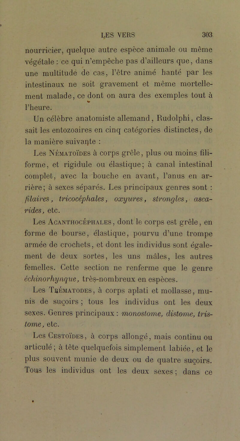 nourricier, quelque autre espèce animale ou même végétale : ce qui n’empêche pas d’ailleurs que, clans une multitude de cas, l’être animé hanté par les intestinaux ne soit gravement et même mortelle- ment malade, ce dont on aura des exemples tout à l’heure. Un célèbre anatomiste allemand, Rudolphi, clas- sait les entozoaires en cinq catégories distinctes, de la manière suivante : Les Nématoïdes à corps grêle, plus ou moins fili- forme , et rigidule ou élastique; à canal intestinal complet, avec la bouche en avant, l’anus en ar- rière; à sexes séparés. Les principaux genres sont : fîlaires, tricocéphaies, oxyures, slrongles, asca- rides, etc. Les Acanthocéphales , dont le corps est grêle, en forme de bourse, élastique, pourvu d’une trompe armée de crochets, et dont les individus sont égale- ment de deux sortes, les uns mâles, les autres femelles. Cette section ne renferme que le genre échinorhynque, très-nombreux en espèces. Les Tqématodes, à corps aplati et mollasse, mu- nis de suçoirs ; tous les individus ont les deux sexes. Genres principaux : monostome, distome, iris- tome, etc. Les Cestoïdes, à corps allongé, mais continu ou articulé; à tête quelquefois simplement labiée, et le plus souvent munie de deux ou de quatre suçoirs. Tous les individus ont les deux sexes ; dans ce