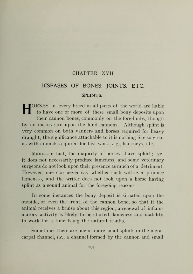 CHAPTER XVII DISEASES OF BONES, JOINTS, ETC. SPLINTS. HORSES of every breed in all parts of the world are liable to have one or more of these small bony deposits upon their cannon bones, commonly on the fore-limbs, though by no means rare upon the hind cannons. Although splint is very common on both vanners and horses required for heavy draught, the significance attachable to it is nothing like so great as with animals required for fast work, e.g., hackneys, etc. Many—in fact, the majority of horses—have splint ; yet it does not necessarily produce lameness, and some veterinary surgeons do not look upon their presence as much of a detriment. However, one can never say whether such will ever produce lameness, and the writer does not look upon a horse having splint as a sound animal for the foregoing reasons. In some instances the bony deposit is situated upon the outside, or even the front, of the cannon bone, so that if the animal receives a bruise about this region, a renewal of inflam- matory activity is likely to be started, lameness and inability to work for a time being the natural results. Sometimes there are one or more small splints in the meta- carpal channel, i.e., a channel formed by the cannon and small