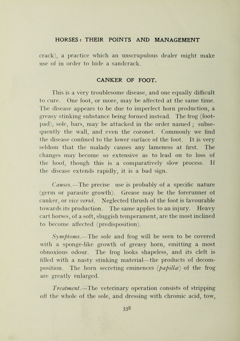 crack), a practice which an unscrupulous dealer might make use of in order to hide a sandcrack. CANKER OF FOOT. This, is a very troublesome disease, and one equally difficult to cure. One foot, or more, may be affected at the same time. The disease appears to be due to imperfect horn production, a greasy stinking substance being formed instead. The frog (foot- pad), sole, bars, may be attacked in the order named ; subse- quently the wall, and even the coronet. Commonly we find the disease confined to the lower surface of the foot. It is very seldom that the malady causes any lameness at first. The changes may become so extensive as to lead on to loss of the hoof, though this is a comparatively slow process. If the disease extends rapidly, it is a bad sign. Causes.—The precise use is probably of a specific nature (germ or parasite growth). Grease may be the forerunner of canker, or vice versa. Neglected thrush of the foot is favourable towards its production. The same applies to an injury. Heavy cart horses, of a soft, sluggish temperament, are the most inclined to become affected (predisposition). Symptoms.—The sole and frog will be seen to be covered with a sponge-like growth of greasy horn, emitting a most obnoxious odour. The frog looks shapeless, and its cleft is filled with a nasty stinking material—the products of decom- position. The horn secreting eminences ([papillce) of the frog are greatly enlarged. Treatment.—The veterinary operation consists of stripping off the whole of the sole, and dressing with chromic acid, tow,