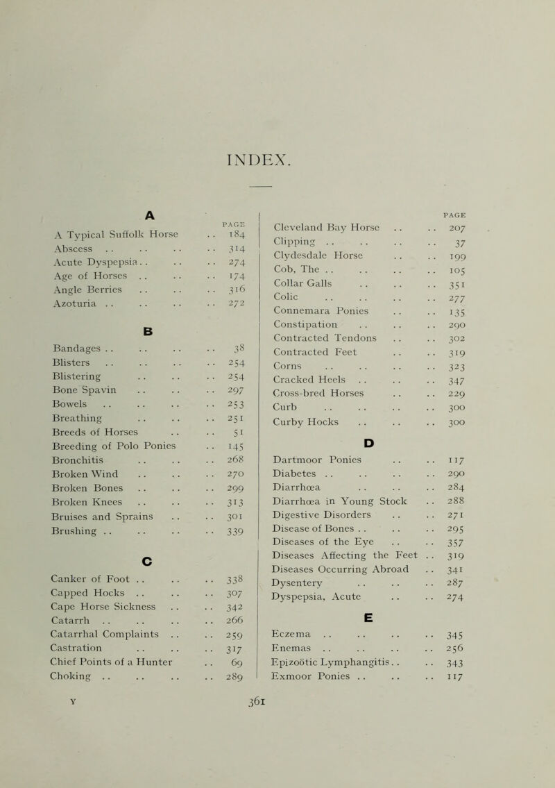 INDEX. A A Typical Suffolk Horse Abscess Acute Dyspepsia. . Age of Horses Angle Berries Azoturia B Bandages Blisters Blistering Bone Spavin Bowels Breathing Breeds of Horses Breeding of Polo Ponies Bronchitis Broken Wind Broken Bones Broken Knees Bruises and Sprains Brushing c Canker of Foot Capped Hocks .. Cape Horse Sickness Catarrh Catarrhal Complaints Castration Chief Points of a Hunter Choking . . PAGE .. I84 •• 314 • • 274 • • 1/4 •• 316 272 38 254 254 297 253 251 5i 145 268 270 299 3i3 301 339 338 30/ 342 266 259 3i7 69 289 Cleveland Bay Horse Clipping Clydesdale Horse Cob, The Collar Galls Colic Connemara Ponies Constipation Contracted Tendons Contracted Feet Corns Cracked Heels Cross-bred Horses Curb Curby Hocks D Dartmoor Ponies Diabetes Diarrhoea Diarrhoea in Young Stock Digestive Disorders Disease of Bones .. Diseases of the Eye Diseases Affecting the Feet Diseases Occurring Abroad Dysentery Dyspepsia, Acute E Eczema Enemas Epizootic Lymphangitis. . Exmoor Ponies PAGE 207 37 199 105 35i 2 77 135 290 302 319 323 347 229 300 300 117 290 284 288 271 295 357 3i9 34i 287 274 345 256 343 ii7