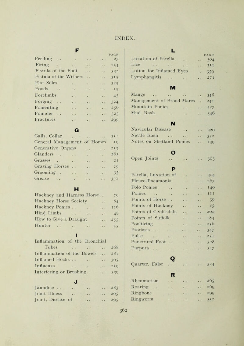 F PAGE Feeding 27 Firing 254 Fistula of the Foot 332 Fistula of the Withers 3 IS Flat Soles 325 Foods 19 Forelimbs 45 Forging 324 Fomenting 256 Founder 325 Fractures 299 G Galls, Collar 35i General Management of Horses 19 Generative Organs 253 Glanders 263 Grasses 21 Grazing Horses 29 Grooming 35 Grease 350 H Hackney and Harness Horse . . 79 Hackney Horse Society 84 Hackney Ponies 116 Hind Limbs 48 How to Give a Draught 255 Hunter 55 1 Inflammation of the Bronchial Tubes 268 Inflammation of the Bowels 281 Inflamed Hocks 305 Influenza 259 Interfering or Brushing. . 339 J Jaundice 283 Joint Illness 265 Joint, Disease of 295 L PAGE Luxation of Patella • • 304 Lice •• 351 Lotion for Inflamed Eyes ■ ■ 359 Lymphangitis 271 M Mange • • 34^ Management of Brood Mares 241 Mountain Ponies 127 Mud Rash • • 346 N Navicular Disease • • 320 Nettle Rash • • 352 Notes on Shetland Ponies • • 139 O Open Joints • • 303 P Patella, I.uxation of ■ • 304 Pleuro-Pneumonia 267 Polo Ponies 140 Ponies hi Points of Horse 39 Points of Hackney .. 85 Points of Clydesdale 200 Points of Suffolk 184 Poulticing • • 256 Psoriasis • • 347 Pulse . . 251 Punctured Foot • • 328 Purpura • • 347 Q Quarter, False • • 324 R Rheumatism . . 265 Roaring .. 269 Ringbone .. 299 Ringworm • • 352