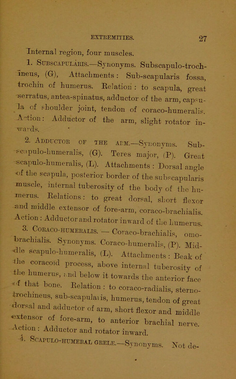 Internal region, four muscles. 1. Subscapulauis.—Synonyms. Subscapulo-troch- ineus, (G), Attachments: Sub-scapularis fossa, trochin of humerus. Eelation : to scapula, great serratus, antea-spinatus, adductor of the arm, capsu- la of shoulder joint, tendon of coraco-humeralis. Action: Adductor of the arm, slight rotator in- wards. 2. Addlctor of the arm.—-Synonyms. Sub- scapulo-bumeralis, (G). Teres major, (P). Great scapulo-lnimeralis, (L). Attachments : Dorsal angle •of the scapula, posterior border of the subscapularis muscle, internal tuberosity of the body of the hu- merus. Delations: to great dorsal, short flexor and middle extensor of fore-arm, coraco-braehialis. Action : Adductor and rotator inward of the humerus 3. Cobaco-humehalis. _ Coraco-brachialis, omo- brachiahs. Synonyms. Coraco-humeralis (P) Mid Die scapulo-lnimeralis, (L). Attachments : Beak of 1 he coracoid process, above internal tuberosity of le humerus, and below it towards the anterior face • at bone. Eelation : to coraco-radialis, sterno- trochmeus, sub-scapula, is, humerus, tendon of great dorsal and adductor of arm, short flexor and middle «xtensor of fore-arm, to anterior brachial nerve. Action : Adductor and rotator inward. Scapulo-humeral GRELE.—Synonyms. Not de-