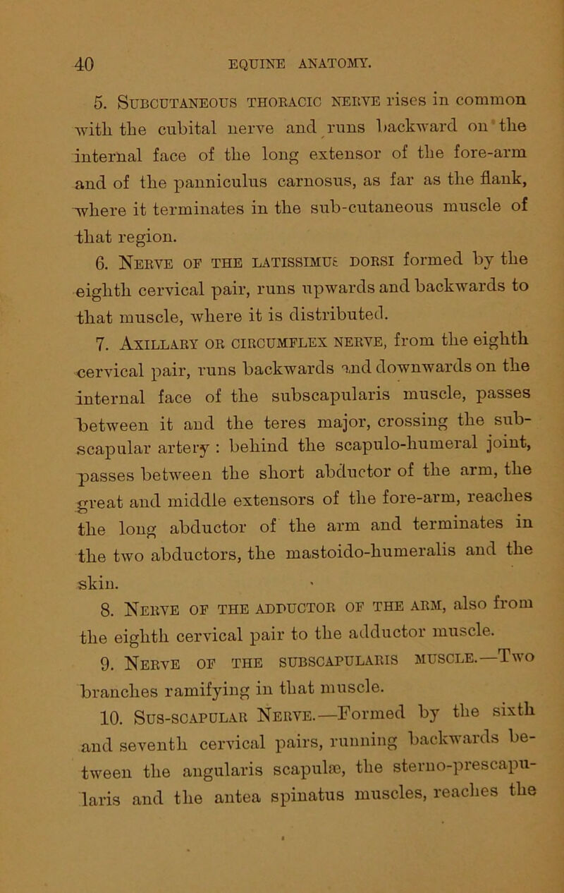 5. Subcutaneous thoracic nerve rises in common with the cubital nerve and runs backward on the internal face of the long extensor of the fore-arm and of the panniculus carnosus, as far as the flank, where it terminates in the sub-cutaneous muscle of that region. 6. Nerve of the LATissmut dorsi formed by the eighth cervical pair, runs upwards and backwards to that muscle, where it is distributed. 7. Axillary or circumflex nerve, from the eighth cervical pair, runs backwards and downwaixls on the internal face of the subscapularis muscle, passes between it and the teres major, crossing the sub- scapular artery : behind the scapulo-humeral joint, passes between the short abductor of the arm, the great and middle extensors of the fore-arm, reaches the long abductor of the arm and terminates in the two abductors, the mastoido-humeralis and the skin. 8. Nerve of the adpuctor of the arm, also from the eighth cervical pair to the adductor muscle. 9. Nerve of the subscapularis muscle.—Two branches ramifying in that muscle. 10. Sus-scapular Nerve.—Formed by the sixth and seventh cervical pairs, running backwards be- tween the angularis scapulee, the sterno-prescapu- laris and the antea spinatus muscles, reaches the