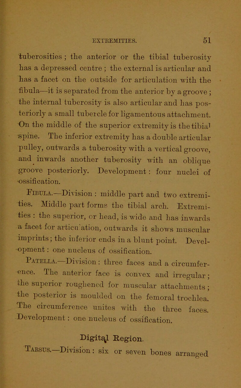 tuberosities ; tlie anterior or tbe tibial tuberosity has a depressed centre ; tbe external is articular and bas a facet on tbe outside for articulation with tbe fibula—it is separated from tbe anterior by a groove ; tbe internal tuberosity is also articular and bas pos- teriorly a small tubercle for ligamentous attachment. On tbe middle of tbe superior extremity is tbe tibia1 spine. Tbe inferior extremity bas a double articular pulley, outwards a tuberosity witli a vertical groove, and. inwards another tuberosity with an oblique groove posteriorly. Development: four nuclei of ossification. Fibula. Division : middle part and two extremi- ties. Middle part forms tbe tibial arch. Extremi- ties . tbe superior, or bead, is wide and bas inwards a facet for articulation, outwards it shows muscular imprints; tbe inferior ends in a blunt point. Devel- opment : one nucleus of ossification. Patella. Division: three faces and a circumfer- ence. Tbe anterior face is convex and irregular; tbe superior roughened for muscular attachments ; tbe posterior is moulded on tbe femoral trochlea. The circumference unites with tbe three faces. Development: one nucleus of ossification. Digital Region. Tarsus.—Division: six or seven bones arranged