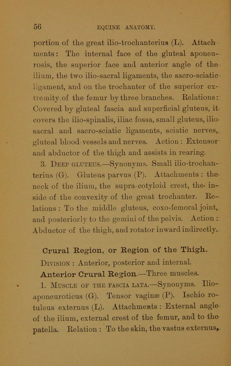 portion of the great ilio-troclianterius (L). Attach ■ ments : The internal face of the gluteal aponeu- rosis, the superior face and anterior angle of the ilium, the two ilio-sacral ligaments, the sacro-sciatic ligament, and on the trochanter of the superior ex- tremity of the femur by three branches. Relations: Covered by gluteal fascia and superficial gluteus, it covers the ilio-spinalis, iliac fossa, small gluteus, ilio sacral and sacro-sciatic ligaments, sciatic nerves, gluteal blood-vessels and nerves. Action : Extensor and abductor of the thigh and assists in rearing. 3. Deep gluteus.—Synonyms. Small ilio-trochan- terius (G). Gluteus parvus (P). Attachments : the neck of the ilium, the supra-cotyloid crest, the* in- side of the convexity of the great trochanter. Re- lations : To the middle gluteus, coxo-femoral joint, and posteriorly to the gemini of the pelvis. Action : Abductor of the thigh, and rotator inward indirectly. Crural Region, or Region of the Thigh. Division : Anterior, posterior and internal. Anterior Crural Region.—Three muscles. 1. Muscle of the fascia lata.—Synonyms. Ilio-- aponeuroticus (G). Tensor vaginas (P). Ischio ro- tuleus externus (L). Attachments : External angle of the ilium, external crest of the femur, and to the patella. Relation : To the skin, the vastus externus.