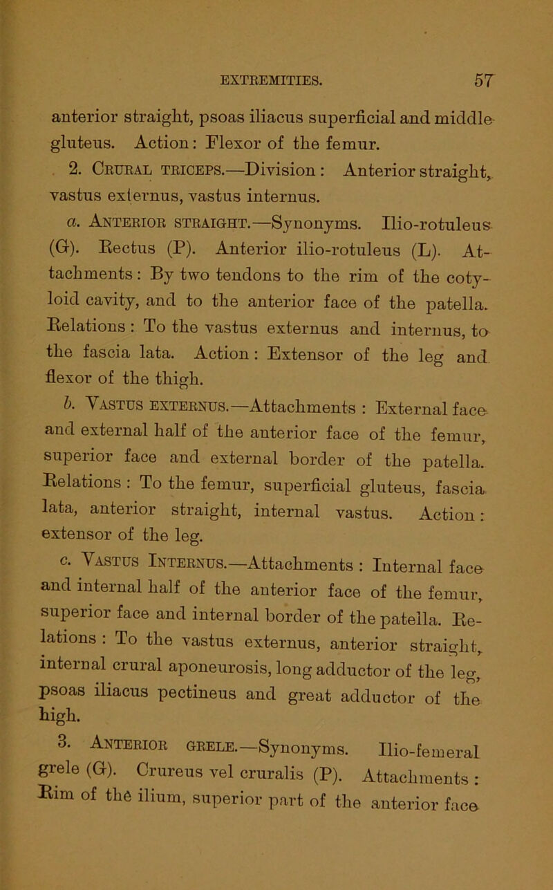 anterior straight, psoas iliacus superficial and middle gluteus. Action: Flexor of the femur. 2. Crural triceps.—Division: Anterior straight, vastus exlernus, vastus interims. a. Anterior straight.—Synonyms. Ilio-rotuleus (G). Rectus (P). Anterior ilio-rotuleus (L). At- tachments : By two tendons to the rim of the coty- loid cavity, and to the anterior face of the patella. Relations : To the vastus externus and interims, to the fascia lata. Action : Extensor of the leg and flexor of the thigh. b. Vastus externus.—Attachments: External face and external half of the anterior face of the femur, superior face and external border of the patella. Relations : To the femur, superficial gluteus, fascia lata, anterior straight, internal vastus. Action: extensor of the leg. c. Vastus Internus.—Attachments : Internal face and internal half of the anterior face of the femur, superior face and internal border of the patella. Re- lations : To the vastus externus, anterior straight, internal crural aponeurosis, long adductor of the leg, psoas iliacus pectineus and great adductor of the high. 3. Anterior grele.—Synonyms. Ilio-feineral grele (G). Crureus vel cruralis (P). Attachments : Him of the ilium, superior part of the anterior face