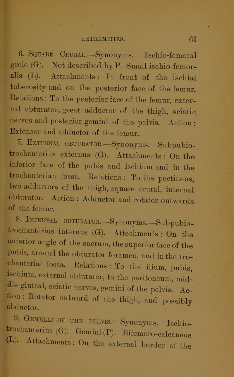 6. Square Crural.—Synonyms. Ischio-femoral grele (G). Not described by P. Small ischio-femor- alis (L). Attachments : In front of the ischial tuberosity and on the posterior face of the femur. Eelations: To the posterior face of the femur, exter- nal obturator, great adductor of the thigh, sciatic nerves and posterior gemini of the pelvis. Action : Extensor and adductor of the femur. 7. External obturator.—Synonyms. Subpubio- trochanterius externus (G). Attachments : On the infeiior face of the pubis and ischium and in the trochanterian fossa. Eelations : To the pectineus, two adductors of the thigh, square crural, internal obturator. Action : Adductor and rotator outwards of the femur. 8. Internal obturator.—Synonyms.—Subpubio- tiochanterius internus (G). Attechments : On the anterior angle of the sacrum, the superior face of the pubis, around the obturator foramen, and in the tro- chanterian fossa. Eelations : To the ilium, pubis, ischium, external obturator, to the peritoneum, mid- dle gluteal, sciatic nerves, gemini of the pelvis. Ac- tion : Eotator outward of the thigh, and possibly abductor. 9. Gemelli of the pelvis.—Synonyms. Iscliio- trochanterius (G). Gemini (P). Bifemoro-calcaneus ( )• Attachments: On the external border of the