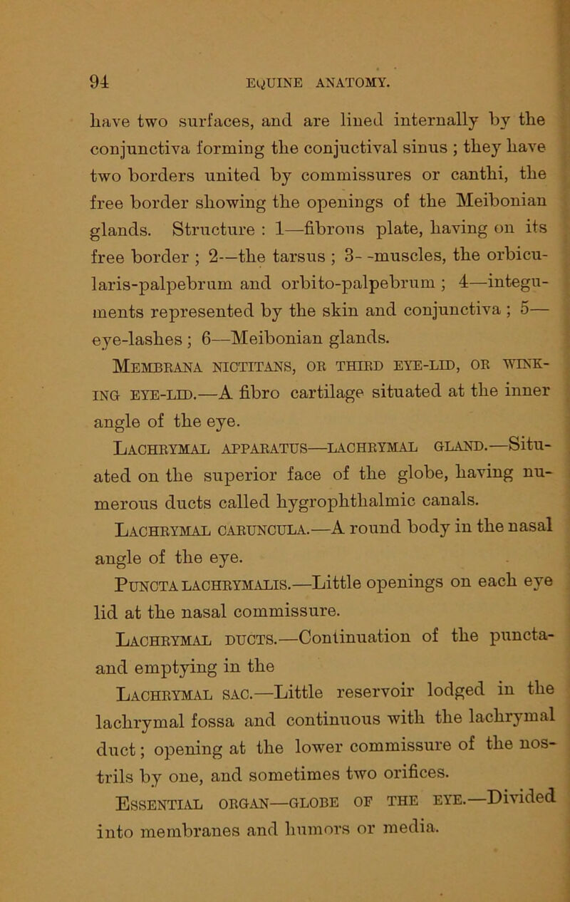 have two surfaces, and are lined internally by the conjunctiva forming the conjuctival sinus ; they have two borders united by commissures or canthi, the free border showing the openings of the Meibonian glands. Structure : 1—fibrous plate, having on its free border ; 2—the tarsus ; 3- -muscles, the orbicu- laris-palpebrum and orbito-palpebrum ; 4—integu- ments represented by the skin and conjunctiva ; 5— eye-lashes ; 6—Meibonian glands. MeMBBANA NICTITANS, OB THIBD EYE-LID, OB WINK- ING eye-lid.—A fibro cartilage situated at the inner angle of the eye. Lachbymal appabatus—lacheymal gland.—Situ- ated on the superior face of the globe, having nu- merous ducts called hygrophthalmic canals. Lachbymal cabuncula.—A round body in the nasal angle of the eye. Puncta lacheymalis.—Little openings on each eye lid at the nasal commissure. Lachbymal ducts.—Continuation of the puncta- and emptying in the Lachbymal sac.—Little reservoir lodged in the lachrymal fossa and continuous with the lachrymal duct; opening at the lower commissure of the nos- trils by one, and sometimes two orifices. Essential oegan—globe of the eye. Divided into membranes and humors or media.