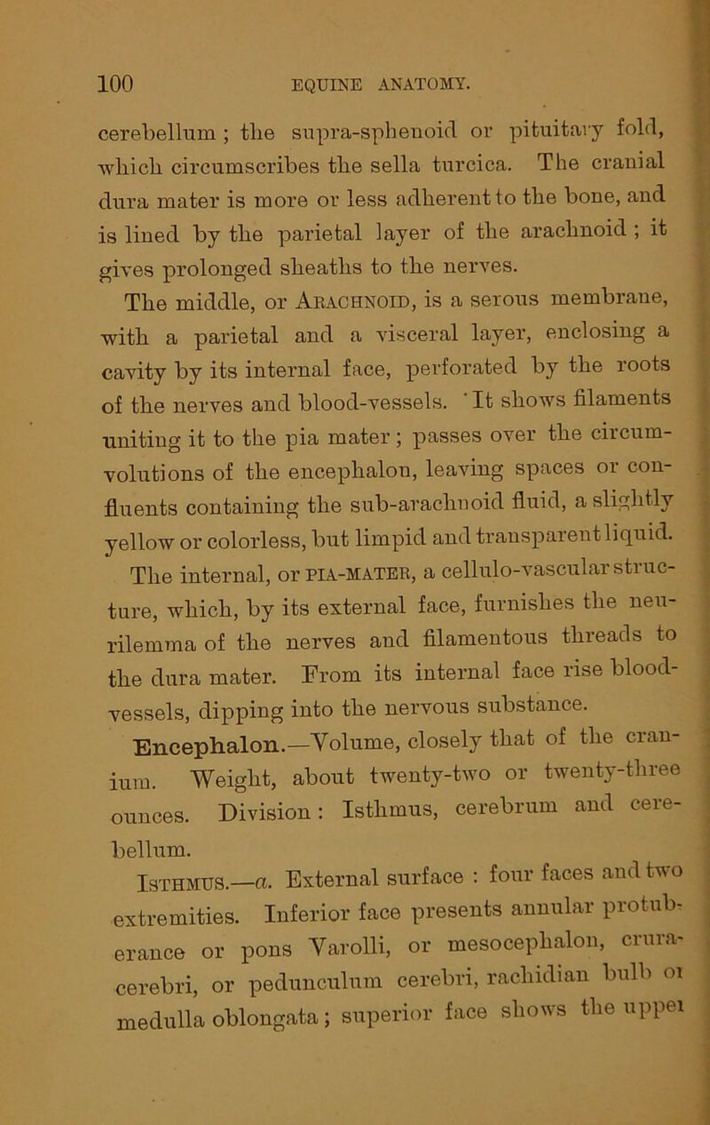 cerebellum ; tlie supra-sphenoicl or pituitary fold, which circumscribes the sella turcica. The cranial dura mater is more or less adherent to the bone, and is lined by the parietal layer of the arachnoid ; it gives prolonged sheaths to the nerves. The middle, or Arachnoid, is a serous membrane, with a parietal and a visceral layer, enclosing a cavity by its internal face, perforated by the roots of the nerves and blood-vessels. It shows filaments uniting it to the pia mater ; passes over the circum- volutions of the encephalon, leaving spaces or con- fluents containing the sub-arachuoid fluid, a slightly yellow or colorless, but limpid and transparent liquid. The internal, or pia-mater, a cellulo-vascular struc- ture, which, by its external face, furnishes the neu- rilemma of the nerves and filamentous threads to the dura mater. From its internal face rise blood- vessels, dipping into the nervous substance. Encephalon.—Volume, closely that of the cran- ium. Weight, about twenty-two or twenty-three ounces. Division: Isthmus, cerebrum and cere- bellum. Isthmus.—a. External surface : four faces and two extremities. Inferior face presents annular protub- erance or pons Yarolli, or mesocephalon, crura- cerebri, or pedunculum cerebri, rachidian bulb oi medulla oblongata; superior face shows the uppei