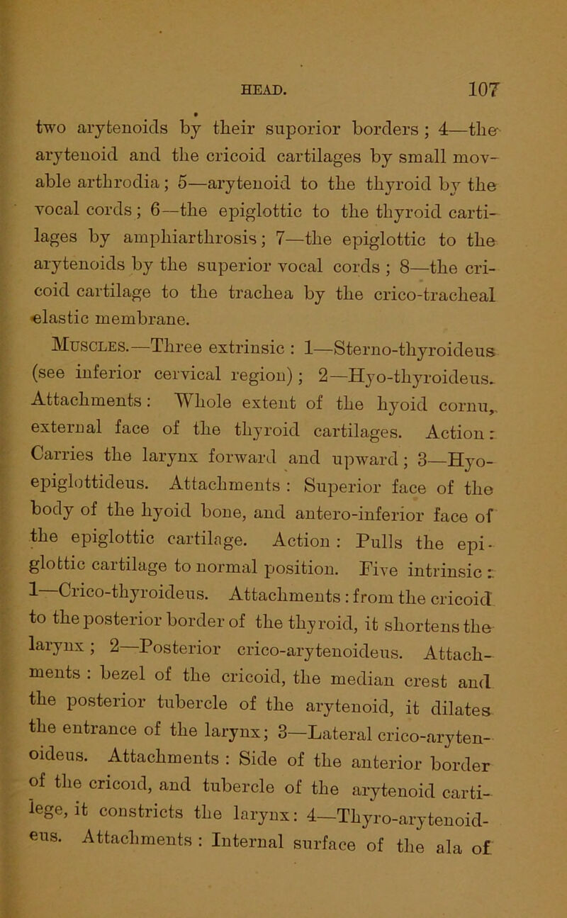 two arytenoids by tbeir superior borders ; 4—the arytenoid and the cricoid cartilages by small mov- able arthrodia; 5—arytenoid to the thyroid by the vocal cords; 6—the epiglottic to the thyroid carti- lages by amphiarthrosis; 7—the epiglottic to the arytenoids by the superior vocal cords ; 8—the cri- coid cartilage to the trachea by the crico-tracheal elastic membrane. Muscles.—Three extrinsic : 1—Sterno-tliyroideus (see inferior cervical region); 2—Hyo-thyroideus» Attachments: Whole extent of the hyoid cornu,, external face of the thyroid cartilages. Action : Carries the larynx forward and upward; 3—Hyo- epiglottideus. Attachments : Superior face of the body of the hyoid bone, and antero-inferior face of the epiglottic cartilage. Action: Pulls the epi- glottic cartilage to normal position. Five intrinsic : 1 Crico-thyroideus. Attachments : from the cricoid to the posterior border of the thyroid, it shortens the larynx; 2 Posterior crico-arytenoideus. Attach- ments : bezel of the cricoid, the median crest and the posterior tubercle of the arytenoid, it dilates the entrance of the larynx; 3—Lateral crico-aryten- oideus. Attachments : Side of the anterior border of the cricoid, and tubercle of the arytenoid carti- lege,it constricts the larynx: 4—Thyro-arytenoid- eus. Attachments : Internal surface of the ala of