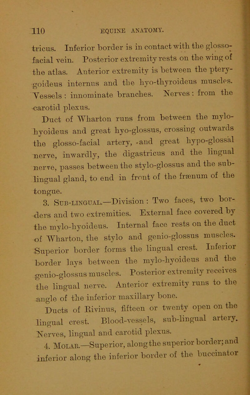 tricus. Inferior border is in contact with the glosso- facial vein. Posterior extremity rests on the ving of the atlas. Anterior extremity is between the ptery- goideus interims and the hyo-tliyroidens muscles. Vessels : innominate branches. Nerves : from the carotid plexus. Duct of Wharton runs from between the mylo- liyoideus and great hyo-glossus, crossing outwaids the glosso-facial artery, -and great hypo-glossal nerve, inwardly, the digastricus and the lingual nerve, passes between the stylo-glossus and the sub- lingual gland, to end in front of the frsenum of the tongue. 3. Sub-lingual.—Division: Two faces, two bor- ders and two extremities. External face covered by the mylo-hyoideus. Internal face rests on the duct of Wharton, the stylo and genio-glossus muscles. Superior border forms the lingual crest. Inferior border lays between the mylo-hyoideus and the genio-glossus muscles. Posterior extremity receives the lingual nerve. Anterior extremity runs to the angle of the inferior maxillary bone. Ducts of Rivinus, fifteen or twenty open on the lingual crest. Blood-vessels, sub-lingual artery. Nerves, lingual and carotid plexus. 4. Molar—Superior, along the superior border; and inferior along the inferior border of the buccinator