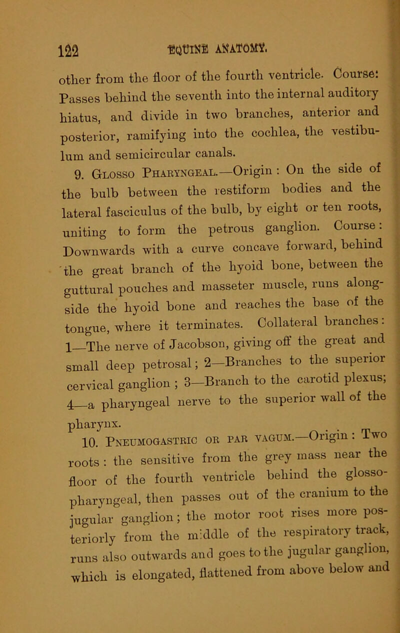 other from the floor of the fourth ventricle- Course. Passes behind the seventh into the internal auditory- hiatus, and divide in two branches, anterior and posterior, ramifying into the cochlea, the vestibu- lum and semicircular canals. 9. Glosso Pharyngeal.—Origin : On the side of the bulb between the restiform bodies and the lateral fasciculus of the bulb, by eight or ten roots, uniting to form the petrous ganglion. Couise. Downwards with a curve concave forward, behind the great branch of the hyoid bone, between the guttural pouches and masseter muscle, runs along- side the hyoid bone and reaches the base of the tongue, where it terminates. Collateral branches: 1 The nerve of Jacobson, giving off the great and small deep petrosal; 2—Branches to the superior cervical ganglion ; 3—Branch to the carotid plexus; j a pharyngeal nerve to the superior wall of the pharynx. 10. Pneumogastric or par vagum. Origin: Two roots : the sensitive from the grey mass near the floor of the fourth ventricle behind the glosso- pharyngeal, then passes out of the cranium to the jugular ganglion ; the motor root rises more pos- teriorly from the middle of the respiratory track, runs also outwards and goes to the jugular ganglion, which is elongated, flattened from above below and