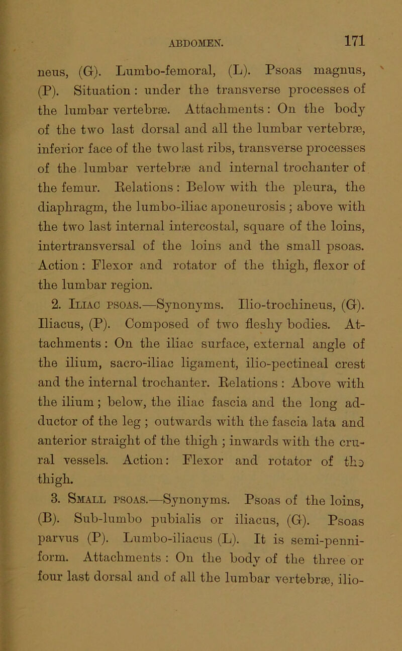 neus, (G). Bumbo-femoral, (L). Psoas magnus, (P). Situation : under tlia transverse processes of tlie lumbar vertebrae. Attachments : On the body of the two last dorsal and all the lumbar vertebrae, inferior face of the two last ribs, transverse processes of the lumbar vertebrae and internal trochanter of the femur. Relations : Below with the pleura, the diaphragm, the lumbo-iliac aponeurosis ; above with the two last internal intercostal, square of the loins, intertransversal of the loins and the small psoas. Action : Flexor and rotator of the thigh, flexor of the lumbar region. 2. Iliac psoas.—Synonyms. Ilio-trocliineus, (G). Iliacus, (P). Composed of two fleshy bodies. At- tachments : On the iliac surface, external angle of the ilium, sacro-iliac ligament, ilio-pectineal crest and the internal trochanter. Relations : Above with the ilium ; below, the iliac fascia and the long ad- ductor of the leg ; outwards with the fascia lata and anterior straight of the thigh ; inwards with the cru- ral vessels. Action: Flexor and rotator of tliD thigh. 3. Small psoas.—Synonyms. Psoas of the loins, (B). Sub-lumbo pubialis or iliacus, (G). Psoas parvus (P). Lumbo-iliacus (L). It is semi-penni- form. Attachments : On the body of the three or four last dorsal and of all the lumbar vertebrae, ilio-