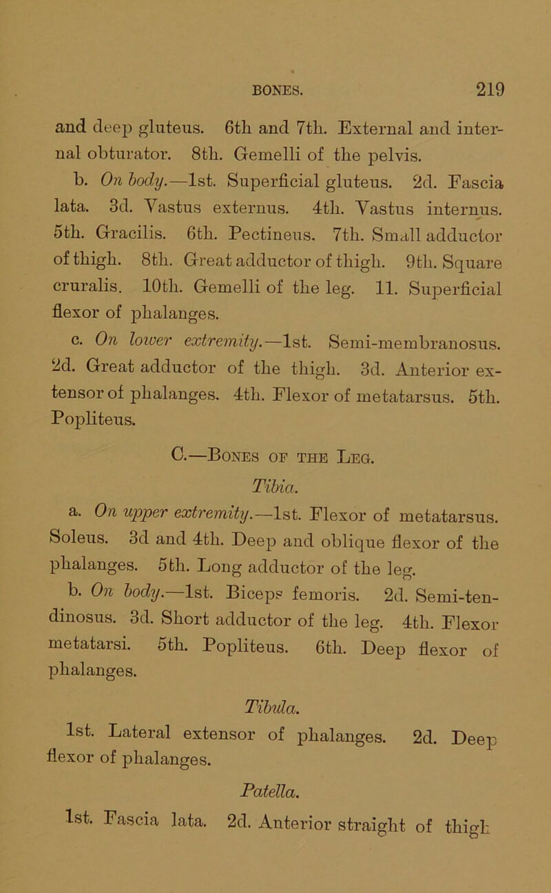 and deep gluteus. 6tli and 7th. External and inter- nal obturator. 8tli. Gemelli of the pelvis. b. On body.—1st. Superficial gluteus. 2d. Fascia lata. 3d. Yastus externus. 4tli. Yastus internus. 5th. Gracilis. 6th. Pectineus. 7th. Small adductor of thigh. 8th. Great adductor of thigh. 9th. Square cruralis. 10th. Gemelli of the leg. 11. Superficial flexor of phalanges. c. On loioer extremity.—1st. Semi-membranosus. 2d. Great adductor of the thigh. 3d. Anterior ex- tensor of phalanges. 4th. Flexor of metatarsus. 5th. Popliteus. C.—Bones of the Leg. Tibia. a. On upper extremity.-—1st. Flexor of metatarsus. Soleus. 3d and 4th. Deep and oblique flexor of the phalanges. 5 th. Long adductor of the lem b. On body.—1st. Biceps femoris. 2d. Semi-ten- dinosus. 3d. Short adductor of the leg. 4tli. Flexor metatarsi. 5th. Popliteus. 6th. Deep flexor of phalanges. Tibula. 1st. Lateral extensor of phalanges. 2d. Deep flexor of phalanges. Patella. 1st. Fascia lata. 2d. Anterior straight of thigh