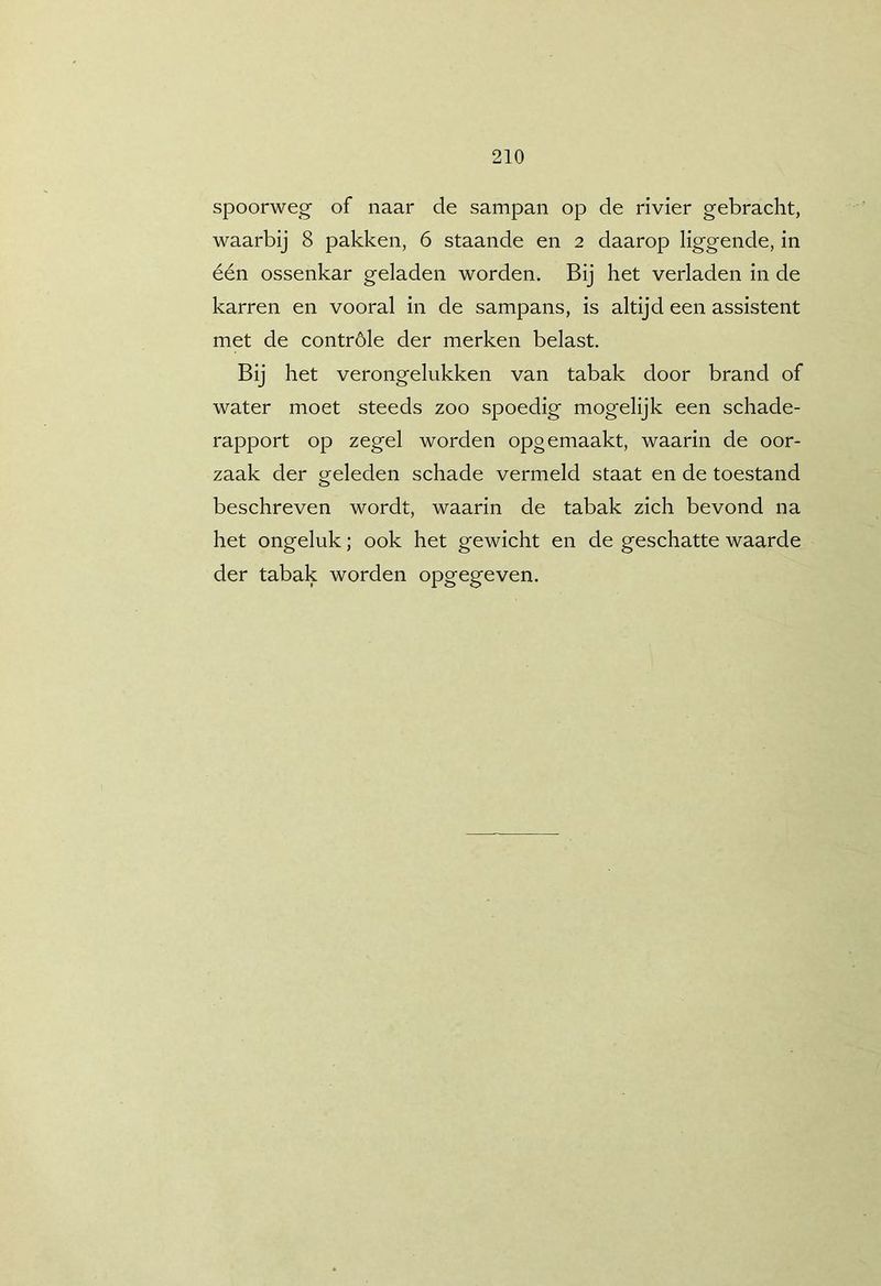 spoorweg of naar de sampan op de rivier gebracht, waarbij 8 pakken, 6 staande en 2 daarop liggende, in één ossenkar geladen worden. Bij het verladen in de karren en vooral in de sampans, is altijd een assistent met de controle der merken belast. Bij het verongelukken van tabak door brand of water moet steeds zoo spoedig mogelijk een schade- rapport op zegel worden opgemaakt, waarin de oor- zaak der geleden schade vermeld staat en de toestand beschreven wordt, waarin de tabak zich bevond na het ongeluk; ook het gewicht en de geschatte waarde der tabak worden opgegeven.