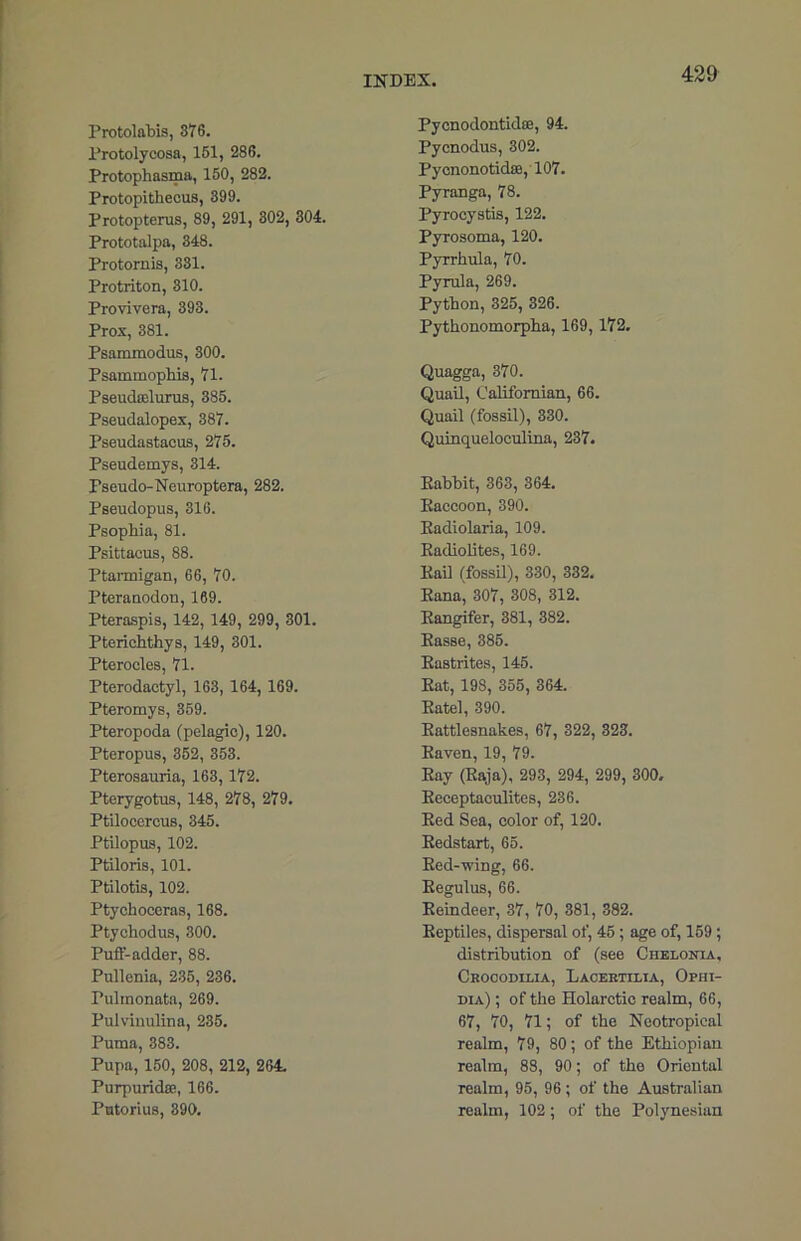 Protolabis, 376. Protolycosa, 161, 286. Protophasma, 150, 282. Protopithecus, 399. Protopterus, 89, 291, 302, 304. Prototalpa, 348. Protornis, 331. Protriton, 310. Provivera, 393. Prox, 381. Psammodus, 300. Psammophis, 71. Pseudffilurus, 385. Pseudalopex, 387. Pseudastacus, 275. Pseudemys, 314. Pseudo-Neuroptera, 282. Pseudopus, 316. Psophia, 81. Psittacus, 88. Ptarmigan, 66, 70. Pteranodon, 169. Pteraspis, 142, 149, 299, 301. Ptericlithys, 149, 301. Pterocles, 71. Pterodactyl, 163, 164, 169. Pteromys, 359. Pteropoda (pelagic), 120. Pteropus, 352, 353. Pterosauria, 163, 172. Pterygotus, 148, 278, 279. Ptilocercus, 345. Ptilopus, 102. Ptiloris, 101. Ptilotis, 102. Ptychoceras, 168. Ptychodus, 300. Puff-adder, 88. Pullenia, 235, 236. Pulmonata, 269. Pulvinulina, 235. Puma, 383. Pupa, 150, 208, 212, 264. Purpuridse, 166. Putorius, 390. Pycnodontidse, 94. Pycnodus, 302. Pycnonotidffi, 107. Pyranga, 78. Pyrocystis, 122. Pyrosoma, 120. Pyrrhula, 70. Pyrula, 269. Python, 325, 326. Pytkonomorpha, 169, 172. Quagga, 370. Quail, Californian, 66. Quail (fossil), 330. Quinqueloculina, 237. Babbit, 363, 364. Eaccoon, 390. Eadiolaria, 109. Eadiolites, 169. Bail (fossil), 330, 332. Sana, 307, 308, 312. Eangifer, 381, 382. Basse, 385. Bastrites, 145. Eat, 198, 355, 364. Batel, 390. Eattlesnakes, 67, 322, 323. Eaven, 19, 79. Eay (Eaja), 293, 294, 299, 300, Beceptaculites, 236. Bed Sea, color of, 120. Bedstart, 65. Bed-wing, 66. Eegulus, 66. Beindeer, 37, 70, 381, 382. Eeptiles, dispersal of, 45 ; age of, 159; distribution of (see Chelonia, Crocodii.ia, Laceetilia, Ophi- dia) ; of the Holarctic realm, 66, 67, 70, 71; of tbe Neotropical realm, 79, 80; of the Ethiopian realm, 88, 90; of the Oriental realm, 95, 96; of the Australian realm, 102; of the Polynesian