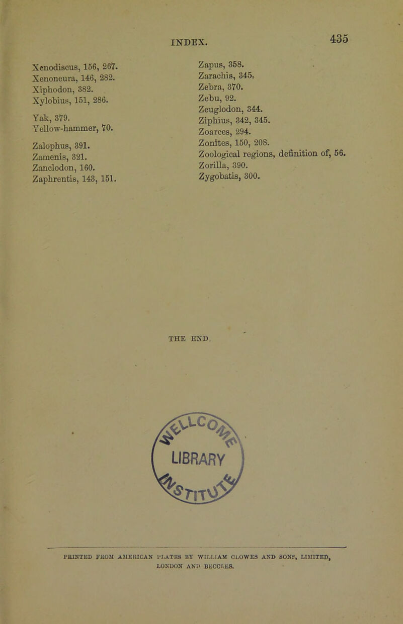 Xenodiscus, 156, 267. Xenoneura, 146, 282. Xipliodon, 382. Xylobius, 151, 286. Yak, 379. Yellow-hammer, 70. Zalophus, 391. Zamenis, 321. Zanclodon, 160. Zaphrentis, 143, 151. Zapus, 358. Zaraebis, 345, Zebra, 370. Zebu, 92. Zeuglodon, 344. Zipliius, 342, 345. Zoarces, 294. Zonites, 150, 208. Zoological regions, definition of, 56. Zorilla, 390. Zygobatis, 300. THE END 1'BINTKD X'HOM AMEIilCAN l-I.ATKS BY WU.I.1AM CLOWES AND SONS, LIMITED, LONDON AND BECCLES.