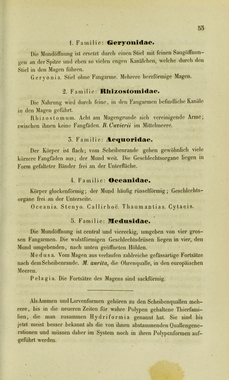 1. Familie: Geryonidae. Die Mundöffnung ist ersetzt durch einen Stiel mit feinen Säugöffnun- gen an der Spitze und eben so vielen engen Kanälchen, welche durch den Stiel in den Magen führen. Geryonia. Stiel ohne Fangarme. Mehrere herzförmige Magen. 2. Familie: lUiizostomidac. Die Nahrung wird durch feine, in den Fangarmen befindliche Kanäle in den Magen geführt. Rhizostomum. Acht am Magengrunde sich vereinigende Arme; zwischen ihnen keine Fangfäden. R.Cuvierii im Mittelmeere. . i 3. Familie: Aequoridae. Der Körper ist flach; vom Scheibenrande gehen gewöhnlich viele kürzere Fangfäden aus; der Mund weit. Die Geschlechtsorgane liegen in Form gefalteter Bänder frei an der Unterfläche. 4. Familie: Oceantdae, Körper glockenförmig; der Mund häufig rüsselförmig; Geschlechts- organe frei an der Unterseite. Oceania. Stenyo. Callirhoe. Thaumantias. Cytaeis. 5. Familie: Medusidae. Die Mundöffnung ist central und viereckig, umgeben von vier gros- sen Fangarmen. Die wulstförmigen Geschlechtsdrüsen liegen in vier, den Mund umgebenden, nach unten geöffneten Höhlen. Medusa. Vom Magen aus verlaufen zahlreiche gefässartige Fortsätze nach dem Scheibenrande. M. aurita, die Ohrenqualle, in den europäischen Meeren. Pelagia. Die Fortsätze des Magens sind sackförmig. Als Ammen und Larvenformen gehören zu den Scheibenquallen meh- rere, bis in die neueren Zeiten für wahre Polypen gehaltene Thierfami- lien, die man zusammen Hydriformia genannt hat. Sie sind bis jetzt meist besser bekannt als die von ihnen abstammenden Quallengene- rationen und müssen daher im System noch in ihren Polypenformen auf- geführt werden.