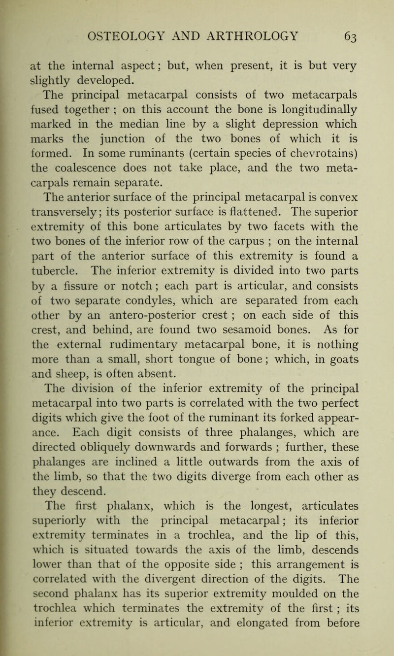 at the internal aspect ; but, when present, it is but very slightly developed. The principal metacarpal consists of two metacarpals fused together ; on this account the bone is longitudinally marked in the median line by a slight depression which marks the junction of the two bones of which it is formed. In some ruminants (certain species of chevrotains) the coalescence does not take place, and the two meta- carpals remain separate. The anterior surface of the principal metacarpal is convex transversely; its posterior surface is flattened. The superior extremity of this bone articulates by two facets with the two bones of the inferior row of the carpus ; on the internal part of the anterior surface of this extremity is found a tubercle. The inferior extremity is divided into two parts by a Assure or notch ; each part is articular, and consists of two separate condyles, which are separated from each other by an antero-posterior crest ; on each side of this crest, and behind, are found two sesamoid bones. As for the external rudimentary metacarpal bone, it is nothing more than a small, short tongue of bone ; which, in goats and sheep, is often absent. The division of the inferior extremity of the principal metacarpal into two parts is correlated with the two perfect digits which give the foot of the ruminant its forked appear- ance. Each digit consists of three phalanges, which are directed obliquely downwards and forwards ; further, these phalanges are inclined a little outwards from the axis of the limb, so that the two digits diverge from each other as they descend. The first phalanx, which is the longest, articulates superiorly with the principal metacarpal ; its inferior extremity terminates in a trochlea, and the lip of this, which is situated towards the axis of the limb, descends lower than that of the opposite side ; this arrangement is correlated with the divergent direction of the digits. The second phalanx has its superior extremity moulded on the trochlea which terminates the extremity of the first ; its inferior extremity is articular, and elongated from before