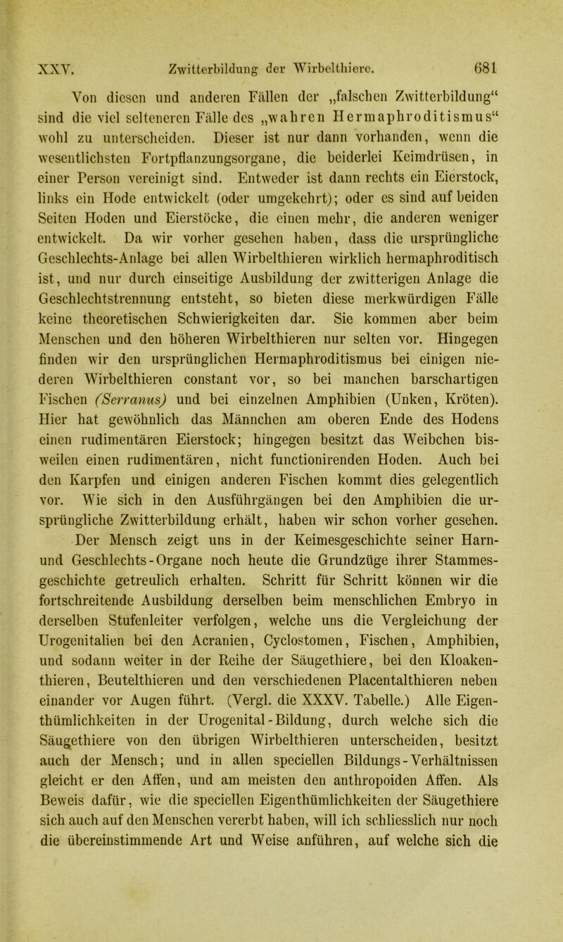 Von diesen und anderen Fällen der „falschen Zwitterbildung“ sind die viel selteneren Fälle des „wahren Hermaphroditismus“ wohl zu unterscheiden. Dieser ist nur dann vorhanden, wenn die wesentlichsten Fortpflanzungsorgane, die beiderlei Keimdrüsen, in einer Person vereinigt sind. Entweder ist dann rechts ein Eierstock, links ein Hode entwickelt (oder umgekehrt); oder es sind auf beiden Seiten Hoden und Eierstöcke, die einen mehr, die anderen weniger entwickelt. Da wir vorher gesehen haben, dass die ursprüngliche Geschlechts-Anlage bei allen Wirbelthieren wirklich hermaphroditisch ist, und nur durch einseitige Ausbildung der zwitterigen Anlage die Geschlechtstrennung entsteht, so bieten diese merkwürdigen Fälle keine theoretischen Schwierigkeiten dar. Sie kommen aber beim Menschen und den höheren Wirbelthieren nur selten vor. Hingegen finden wir den ursprünglichen Hermaphroditismus bei einigen nie- deren Wirbelthieren constant vor, so bei manchen barschartigen Fischen (Serranus) und bei einzelnen Amphibien (Unken, Kröten). Hier hat gewöhnlich das Männchen am oberen Ende des Hodens einen rudimentären Eierstock; hingegen besitzt das Weibchen bis- weilen einen rudimentären, nicht functionirenden Hoden. Auch bei den Karpfen und einigen anderen Fischen kommt dies gelegentlich vor. Wie sich in den Ausführgängen bei den Amphibien die ur- sprüngliche Zwitterbildung erhält, haben wir schon vorher gesehen. Der Mensch zeigt uns in der Keimesgeschichte seiner Harn- und Geschlechts-Organe noch heute die Grundzüge ihrer Stammes- geschichte getreulich erhalten. Schritt für Schritt können wir die fortschreitende Ausbildung derselben beim menschlichen Embryo in derselben Stufenleiter verfolgen, welche uns die Vergleichung der Urogenitalien bei den Acranien, Cyclostomen, Fischen, Amphibien, und sodann weiter in der Reihe der Säugethiere, bei den Kloaken- thieren, Beutelthieren und den verschiedenen Placentalthieren neben einander vor Augen führt. (Vergl. die XXXV. Tabelle.) Alle Eigen- thümlichkeiten in der Urogenital-Bildung, durch welche sich die Säugethiere von den übrigen Wirbelthieren unterscheiden, besitzt auch der Mensch; und in allen speciellen Bildungs-Verhältnissen gleicht er den Affen, und am meisten den anthropoiden Affen. Als Beweis dafür, wie die speciellen Eigentümlichkeiten der Säugethiere sich auch auf den Menschen vererbt haben, will ich schliesslich nur noch die übereinstimmende Art und Weise anführen, auf welche sich die