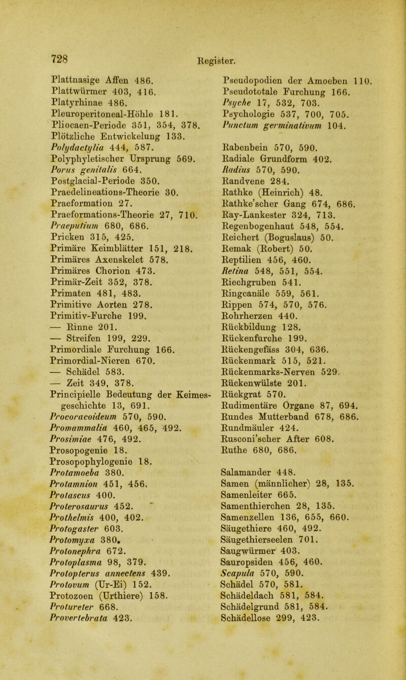 Plattnasige Affen 486. Plattwürmer 403, 416. Platyrhinae 486. Pleuroperitoneal-Höhle 181. Pliocaen-Periode 351, 354, 378. Plötzliche Entwickelung 133. Polydactylia 444, 587. Polyphyletiseher Ursprung 569. Porus genitalis 664. Postglacial-Periode 350. Praedelineations-Theorie 30. Praeformation 27. Praeformations-Theorie 27, 710. Praeputium 680, 686. Pricken 315, 425. Primäre Keimblätter 151, 218. Primäres Axenskelet 578. Primäres Chorion 473. Primär-Zeit 352, 378. Primaten 481, 483. Primitive Aorten 278. Primitiv-Eurche 199. — Kinne 201. — Streifen 199, 229. Primordiale Eurchung 166. Primordial-Nieren 670. — Schädel 583. — Zeit 349, 378. Principielle Bedeutung der Keimes- geschichte 13, 691. Procoracoideum 570, 590. Promammalia 460, 465, 492. Prosirniae 476, 492. Prosopogenie 18. Prosopophylogenie 18. Pro tarnoeba 380. Protamnion 451, 456. Protascus 400. Proterosaurus 452. Prothelmis 400, 402. Protogaster 603. Protomyxa 380. Protonephra 672. Protoplasma 98, 379. Protop terus annectens 439. Prolovum (Ur-Ei) 152. Protozoen (Urthiere) 158. Protureter 668. Proverlebrata 423. Pseudopodien der Amoeben 110. Pseudototale Furchung 166. Psyche 17, 532, 703. Psychologie 537, 700, 705. Punctum germinativum 104. ltabenbein 570, 590. Radiale Grundform 402. Radius 570, 590. Randvene 284. Rathke (Heinrich) 48. Rathke’scher Gang 674, 686. Ray-Lankester 324, 713. Regenbogenhaut 548, 554. Reichert (Boguslaus) 50. Remak (Robert) 50. Reptilien 456, 460. Retina 548, 551, 554. Riechgruben 541. Ringcanäle 559, 561. Rippen 574, 570, 576. Rohrherzen 440. Rückbildung 128. Rückenfurche 199. Rückengefäss 304, 636. Rückenmark 515, 521. Rückenmarks-Nerven 529. Rückenwülste 201. Rückgrat 570. Rudimentäre Organe 87, 694. Rundes Mutterband 678, 686. Rundmäuler 424. Rusconi’scher After 608. Ruthe 680, 686. Salamander 448. Samen (männlicher) 28, 135. Samenleiter 665. Samenthierchen 28, 135. Samenzellen 136, 655, 660. Säugethiere 460, 492. Säugethierseelen 701. Saugwürmer 403. Sauropsiden 456, 460. Scapula 570, 590. Schädel 570, 581. Schädeldach 581, 584. Schädelgrund 581, 584. Schädellose 299, 423.