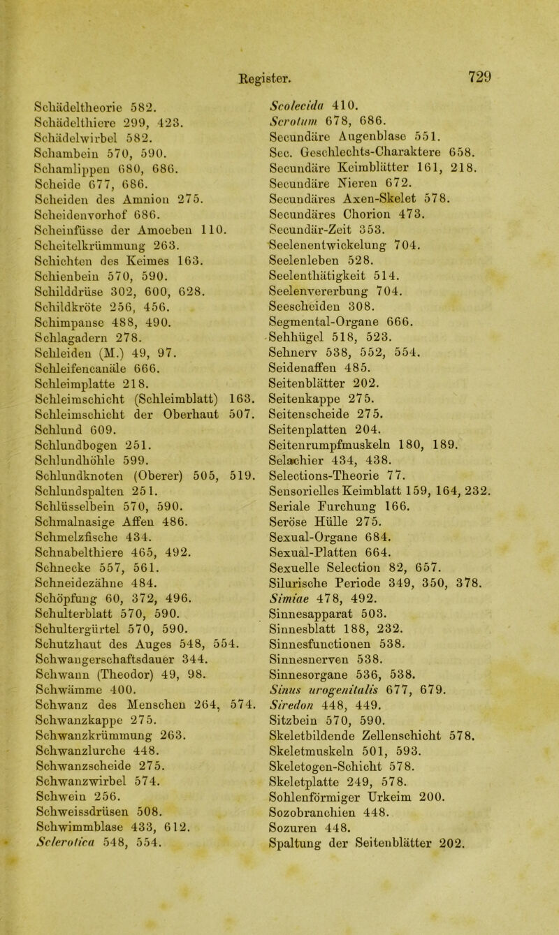 Scliädeltheorie 582. Schädelthiere 299, 423. Schädelwirbel 582. Schambein 570, 590. Schamlippen 680, 686. Scheide 677, 686. Scheiden des Amnion 275. Scheidenvorhof 686. Scheinfiisse der Amoeben 110. Scheitelkrümmung 263. Schichten des Keimes 163. Schienbein 570, 590. Schilddrüse 302, 600, 628. Schildkröte 256, 456. Schimpanse 488, 490. Schlagadern 278. Schleiden (M.) 49, 97. Schleifencanäle 666. Schleimplatte 218. Schleimschicht (Schleimblatt) 163. Schleimschicht der Oberhaut 507. Schlund 609. Schlundbogen 251. Schlundhöhle 599. Schlundknoten (Oberer) 505, 519. Schlund spalten 251. Schlüsselbein 570, 590. Schmalnasige Affen 486. Schmelzfische 434. Schnabelthiere 465, 492. Schnecke 557, 561. Schneidezähne 484. Schöpfung 60, 372, 496. Schulterblatt 570, 590. Schultergürtel 570, 590. Schutzhaut des Auges 548, 554. Schwangerschaftsdauer 344. Schwann (Theodor) 49, 98. Schwämme 400. Schwanz des Menschen 264, 574. Schwanzkappe 275. Schwanzkrümmung 263. Schwanzlurche 448. Schwanzscheide 275. Schwanzwirbel 574. Schwein 256. Schweissdrüsen 508. Schwimmblase 433, 612. Sclerofica 548, 554. Scoleciilu 410. Sero!um 678, 686. Secundäre Augenblase 551. Sec. Geschlechts-Charaktere 658. Secundäre Keimblätter 161, 218. Secundäre Nieren 672. Secundäres Axen-Skelet 578. Secundäres Chorion 473. Secundär-Zeit 353. Seelenentwickelung 704. Seelenleben 528. Seelentliätigkeit 514. Seelenvererbung 704. Seescheiden 308. Segmental-Organe 666. Sehhügel 518, 523. Sehnerv 538, 552, 554. Seidenaffen 485. Seitenblätter 202. Seitenkappe 275. Seitenscheide 275. Seitenplatten 204. Seitenrumpfmuskeln 180, 189. Sela-chier 434, 438. Selections-Theorie 77. Sensorielles Keimblatt 159, 164, 232. Seriale Furchung 166. Seröse Hülle 275. Sexual-Organe 684. Sexual-Platten 664. Sexuelle Selection 82, 657. Sibirische Periode 349, 350, 378. Simiae 478, 492. Sinnesapparat 503. Sinnesblatt 188, 232. Sinnesfunctionen 538. Sinnesnerven 538. Sinnesorgane 536, 538. Sinus urogenitalis 677, 679. Siredon 448, 449. Sitzbein 570, 590. Skeletbildende Zellenschicht 578. Skeletmuskeln 501, 593. Skeletogen-Schicht 578. Skeletplatte 249, 578. Sohlenförmiger Urkeim 200. Sozobranchien 448. Sozuren 448. Spaltung der Seitenblätter 202.