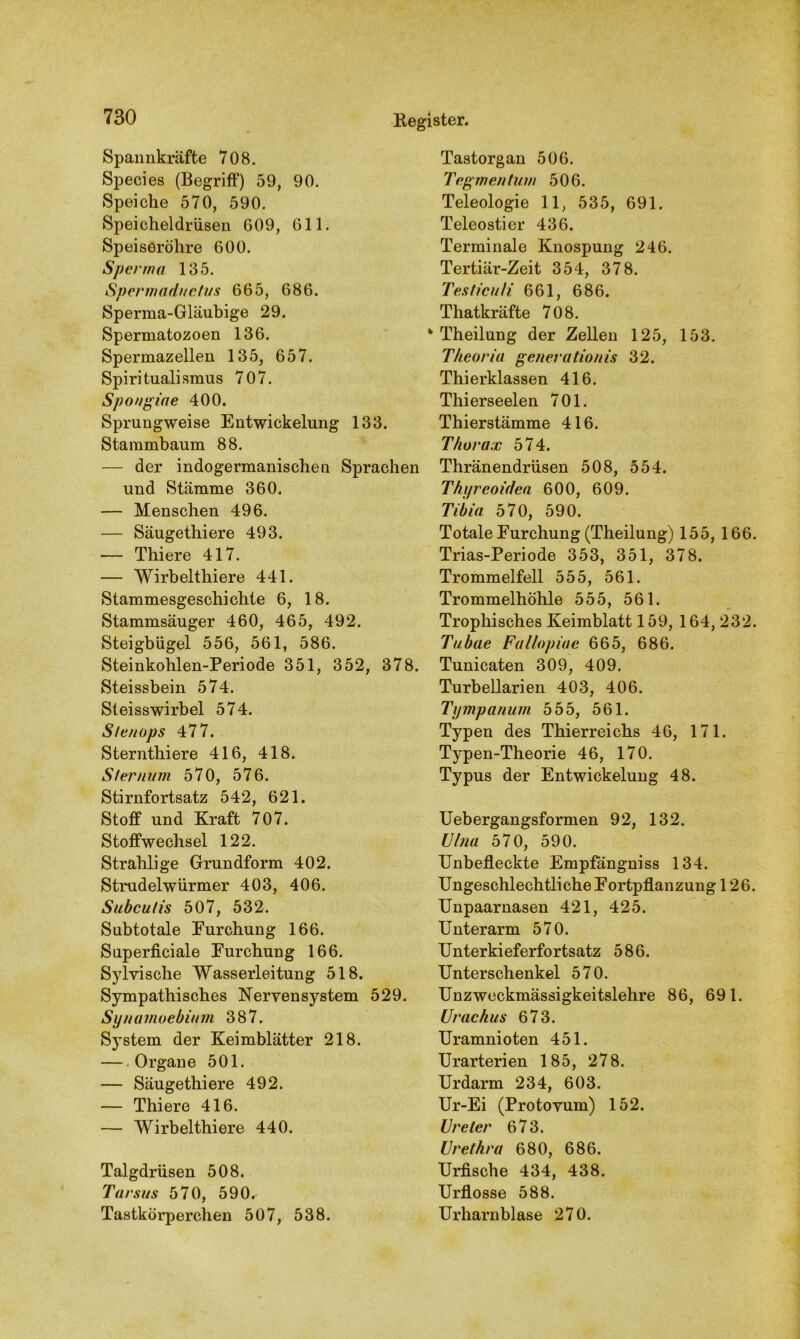 Spannkräfte 708. Species (Begriff) 59, 90. Speiche 570, 590. Speicheldrüsen 609, 611. Speiseröhre 600. Sperma 135. Spermaductus 665, 686. Sperma-Gläubige 29. Spermatozoen 136. Spermazellen 135, 657. Spiritualismus 707. Spougiae 400. Sprungweise Entwickelung 133. Stammbaum 88. — der indogermanischen Sprachen und Stämme 360. — Menschen 496. — Säugethiere 493. — Thiere 417. — Wirbelthiere 441. Stammesgeschichte 6, 18. Stammsäuger 460, 465, 492. Steigbügel 556, 561, 586. Steinkohlen-Periode 351, 352, 378. Steissbein 574. Steisswirbel 574. Stenops 477. Sternthiere 416, 418. Sternum 570, 576. Stirnfortsatz 542, 621. Stoff und Kraft 707. Stoffwechsel 122. Strahlige Grundform 402. Strudelwürmer 403, 406. Subcutis 507, 532. Subtotale Eurchung 166. Superficiale Eurchung 166. Sylvische Wasserleitung 518. Sympathisches Nervensystem 529. Synarnoebium 387. System der Keimblätter 218. — Organe 501. — Säugethiere 492. — Thiere 416. — Wirbelthiere 440. Talgdrüsen 508. Tarsus 570, 590. Tastkörperchen 507, 538. Tastorgan 506. Tcg men tum 506. Teleologie 11, 535, 691. Teleostier 436. Terminale Knospung 246. Tertiär-Zeit 354, 378. Testiculi 661, 686. Tliatkräfte 708. * Theilung der Zellen 125, 153. T/ieoria generatio/iis 32. Thierklassen 416. Thierseelen 701. Thierstämme 416. Thorax 574. Thränendrüsen 508, 554. Thyreoidea 600, 609. Tibia 570, 590. Totale Furchung (Theilung) 155, 166. Trias-Periode 353, 351, 378. Trommelfell 555, 561. Trommelhöhle 555, 561. Trophisches Keimblatt 159, 164, 232. Tubae Fallopiae 665, 686. Tunicaten 309, 409. Turbellarien 403, 406. Tympanum 555, 561. Typen des Thierreichs 46, 171. Typen-Theorie 46, 170. Typus der Entwickelung 48. Uebergangsformen 92, 132. Ulna 570, 590. Unbefleckte Empfängniss 134. Ungeschlechtliche Fortpflanzung 126. Unpaarnasen 421, 425. Unterarm 570. Unterkieferfortsatz 586. Unterschenkel 570. Unzweckmässigkeitslehre 86, 691. Urachus 673. Uramnioten 451. Urarterien 185, 278. Urdarm 234, 603. Ur-Ei (Protovum) 152. Ureter 673. Urethra 680, 686. Urfische 434, 438. Urflosse 588. Urharnblase 270.