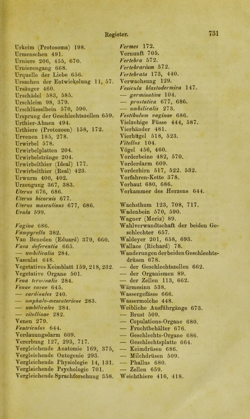 Urkeim (Protosoma) 198. Urmenschen 491. Urniere 206, 455, 670. Urnierengang 668. Urquelle der Liebe 656. Ursachen der Entwickeluug 11, 57. Ursäuger 460. Urschädel 583, 585. Urschleim 98, 379. Urschliisselbein 570, 590. Ursprung der Geschlechtszellen 659. Urthier-Alinen 494. Urthiere (Protozoen) 158, 172. Urvenen 185, 278. Urwirbel 578. Urwirbelplatten 204. Urwirbelstränge 204. Urwirbelthier (Ideal) 177. Urwirbelthier (Real) 423. Urwurm 400, 402. Urzeugung 367, 383. Uterus 676, 686. Uterus bicornis 677. Uterus masculinus 677, 686. Uvula 599. Vagina 686. Vauipyrelfa 382. Van Beneden (Eduard) 379, 660. Vasa deferentia 665. — umbilicalia 284. Vasculat 648. Vegetatives Keimblatt 159, 218, 232. Vegetative Organe 501. Ven a tcrm in a lis 284. Venae cavac 645. — Cardinal es 240. — ompha/o-inesentericue 283. — umbi/ica/es 284. — vitellinae 282. Venen 279. Venlriculus 644. Verdauungsdarm 609. Vererbung 127, 293, 717. Vergleichende Anatomie 169, 375, Vergleichende Ontogenie 293. Vergleichende Physiologie 14, 131. Vergleichende Psychologie 701. Vergleichende Sprachforschung 358. Vermes 172. Vernunft 705. Vertebra 572. Vcrlebrarium 572. Vertebrala 173, 440. Verwachsung 129. Vesicula blaslodermica 147. — germinativa 104. — prostalica 677, 686. — umbilicalis 273. Vestibulum vaginne 686. Vielzehige Eüsse 444, 587. Vierhänder 481. Vierhügel 518, 523. Vitellus 104. Vögel 456, 460. Vorderbeine 482, 570. Vorderdarm 609. Vorderhirn 517, 522. 532. Vorfahren-Kette 378. Vorhaut 680, 686. Vorkammer des Herzens 644. Wachsthum 123, 708, 717. Wadenbein 570, 590. Wagner (Moriz) 89. Wahlverwandtschaft der beiden Ge- schlechter 657. Waldeyer 201, 658, 693. Wallace (Richard) 78. Wanderungen der beiden Geschlechts- drüsen 678. — der Geschlechtszellen 662. — der Organismen 89. — der Zellen 113, 662. Wärmesinn 538. Wassergefässe 666. Wassermolche 448. Weibliche Ausfuhrgänge 673. — Brust 509. — Copulations-Organe 680. — Eruchtbehälter 676. — Geschlechts-Organe 686. — Geschlechtsplatte 664. — Keimdrüsen 686. — Milchdrüsen 509. — Phallus 680. — Zellen 659. Weichthiere 416, 418.