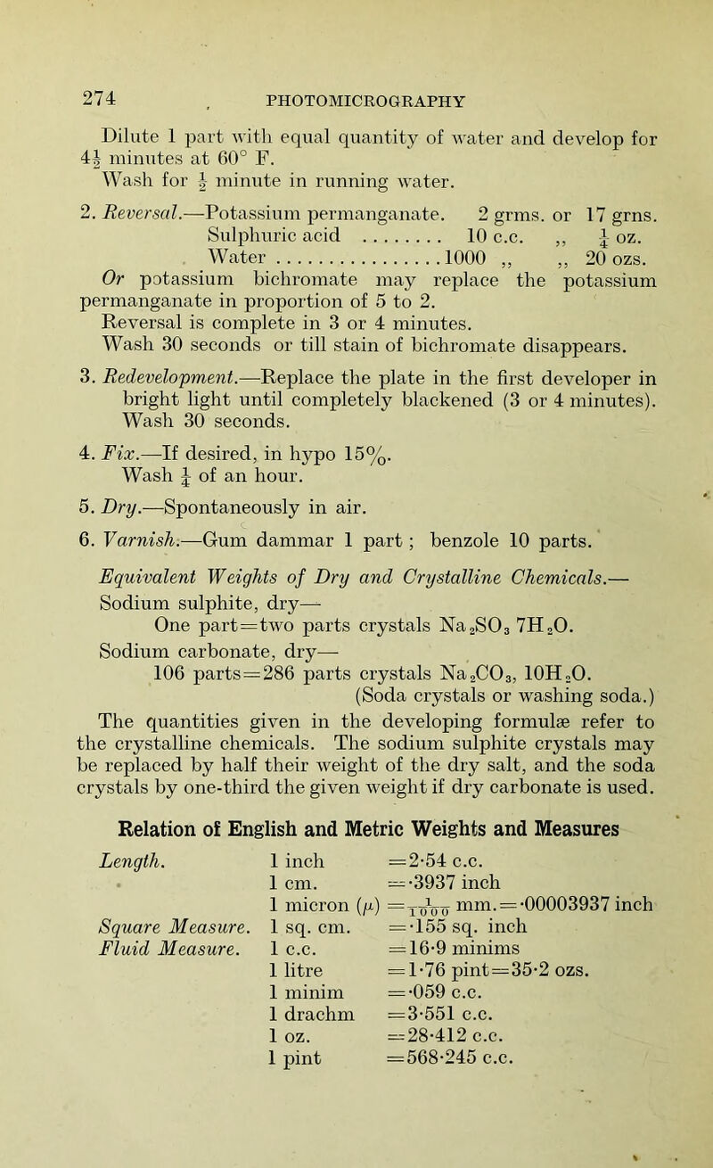 Dilute 1 part with equal quantity of water and develop for 4| minutes at 60° F. Wash for minute in running water. 2. Reversal.—Potassium permangairate. 2 grms. or 17grns. Sulphuric acid 10 c.c. ,, J oz. Water 1000 ,, ,, 20 ozs. Or potassium bichromate may replace the potassium permanganate in proportion of 5 to 2. Reversal is complete in 3 or 4 minutes. Wash 30 seconds or till stain of bichromate disappears. 3. Redevelopment.—Replace the plate in the first developer in bright light until completely blackened (3 or 4 minutes). Wash 30 seconds. 4. Fix.—If desired, in hypo 15%. Wash J of an hour. 5. Dry.—Spontaneously in air. 6. Varnish.—Gum dammar 1 part; benzole 10 parts. Equivalent Weights of Dry and Crystalline Chemicals.— Sodium sulphite, dry— One part=two parts crystals NaaSOs 7H2O. Sodium carbonate, dry— 106 parts = 286 parts crystals NaaCOs, lOHoO. (Soda crystals or washing soda.) The quantities given in the developing formulae refer to the crystalline chemicals. The sodium sulphite crystals may be replaced by half their weight of the dry salt, and the soda crystals by one-third the given weight if dry carbonate is used. Relation of English and Metric Weights and Measures Length. 1 inch =2-54 c.c. . 1 cm. ==•3937 inch 1 micron (p) =ToW mm-= •00003937 inch Square Measure. 1 sq. cm. = •155 sq. inch Fluid Measure. 1 c.c. = 16-9 minims 1 litre = 1-76 pint=35-2 ozs. 1 minim = •059 c.c. 1 drachm = 3-551 c.c. 1 oz. =28-412 c.c. 1 pint = 568-245 c.c.