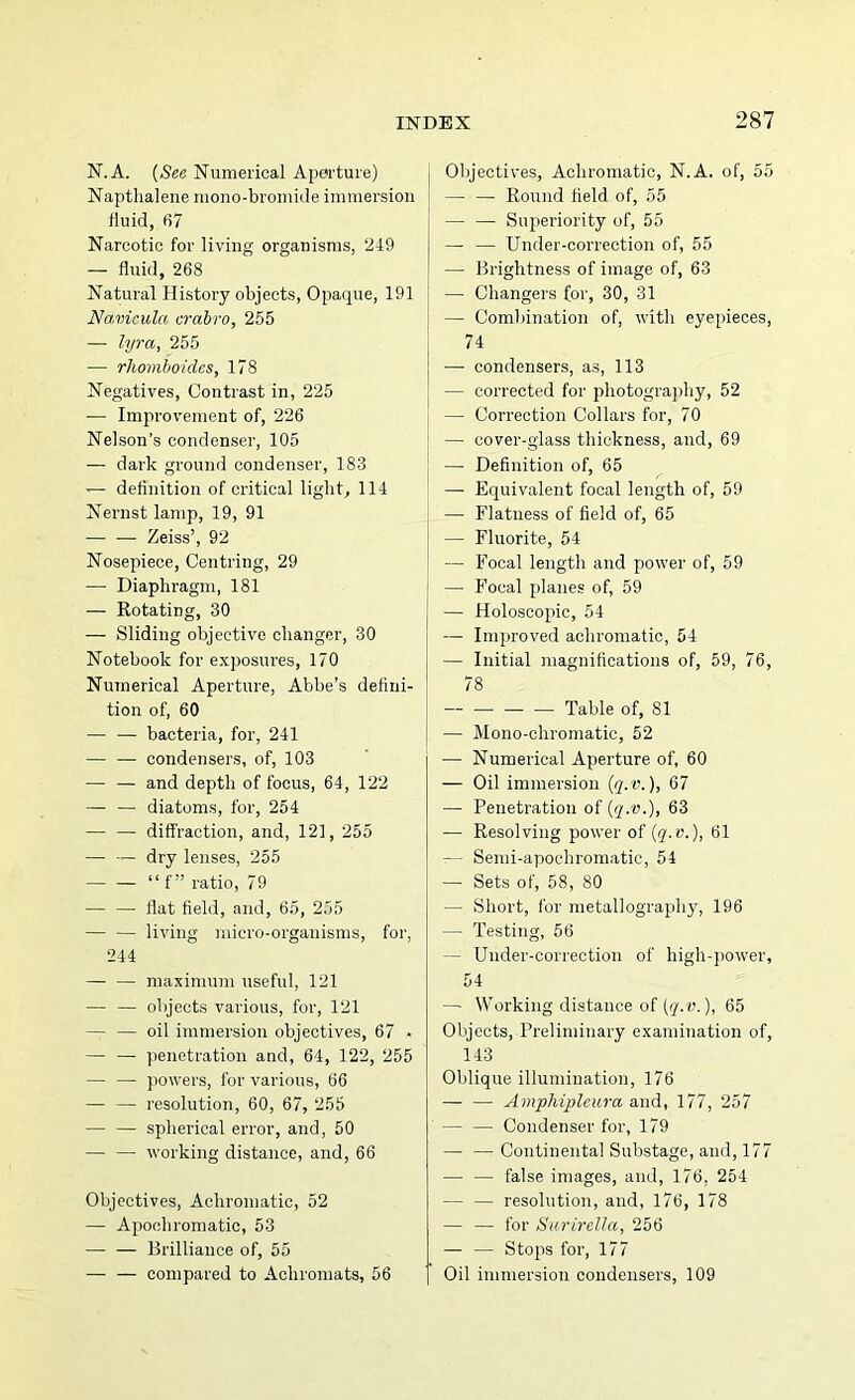 N.A. {See Numerical Aperture) Naptlialene mono-bromide immersion fluid, 67 Narcotic for living organisms, 249 — fluid, 268 Natural History objects, Opaque, 191 Navimla crahro, 255 — lyra, 255 — rhomboides, 178 Negatives, Contrast in, 225 — Improvement of, 226 Nelson’s condenser, 105 — dark ground condenser, 183 — definition of critical light, 114 Nernst lamp, 19, 91 Zeiss’, 92 Nosepiece, Centring, 29 — Diaphragm, 181 — Rotating, 30 — Sliding objective changer, 30 Notebook for exposures, 170 Numerical Aperture, Abbe’s defini- tion of, 60 — — bacteria, for, 241 — — condensers, of, 103 — — and depth of focus, 64, 122 — — diatoms, for, 254 — — diffraction, and, 121, 255 —■ — dry lenses, 255 “ f ” ratio, 79 — — flat field, and, 65, 255 living micro-organisms, for, 244 maximum useful, 121 — — objects various, for, 121 — — oil immersion objectives, 67 • — — penetration and, 64, 122, 255 — — powers, for various, 66 — — resolution, 60, 67, 255 — — spherical error, and, 50 — — working distance, and, 66 Objectives, Achromatic, 52 — Apochromatic, 53 —• — Brilliance of, 55 — — compared to Aohromats, 56 Objectives, Achromatic, N.A. of, 55 — — Round field of, 55 — — Superiority of, 55 — — Under-correction of, 55 — Brightness of image of, 63 — Changers for, 30, 31 — Combination of, with eyepieces, 74 — condensers, as, 113 — corrected for photograjihy, 52 — Correction Collars for, 70 — cover-glass thickness, and, 69 — Definition of, 65 — Equivalent focal length of, 59 — Flatness of field of, 65 — Fluorite, 54 — Focal length and power of, 59 — Focal planes of, 59 — Holoscopic, 54 — Improved achromatic, 54 — Initial magnifications of, 59, 76, 78 — — — — Table of, 81 — Mono-chromatic, 52 — Numerical Aperture of, 60 — Oil immersion {q.v.), 67 — Penetration of {q.v.), 63 — Resolving power of {q.v.), 61 — Semi-apochromatic, 54 — Sets of, 58, 80 — Short, for metallography, 196 — Testing, 56 — Under-correction of high-j)ower, 54 — Working distance of (2'.i’.), 65 Objects, Preliminary examination of, 143 Oblique illumination, 176 — — Amphipleura 177, 257 — — Condenser for, 179 —■ — Continental Substage, and, 177 — — false images, and, 176, 254 — — resolution, and, 176, 178 — — for SiirircUa, 256 — — Stops for, 177 Oil immersion condensers, 109